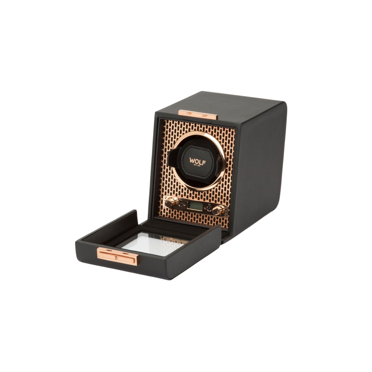 Single watch winder open with black cradle and copper patterned front panel