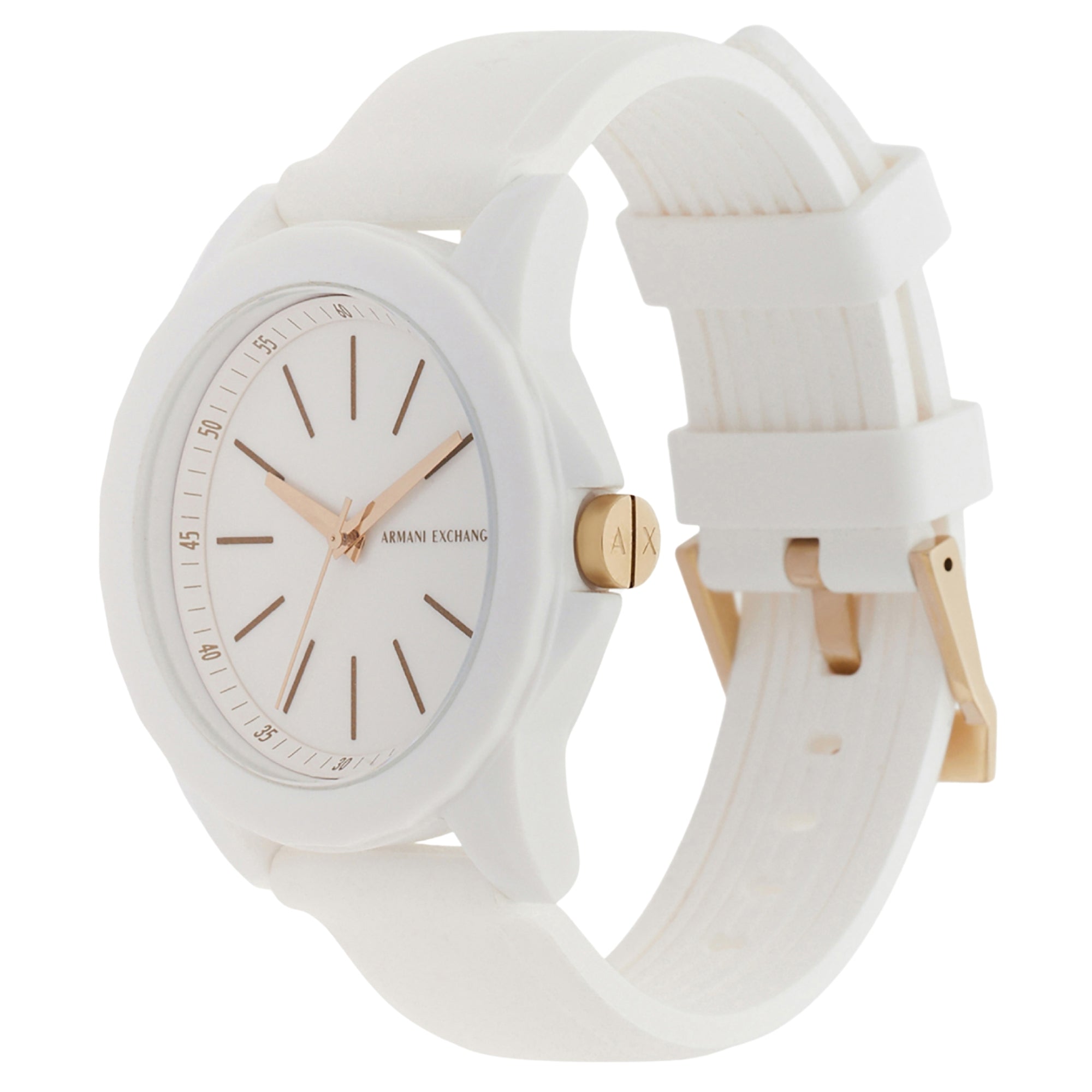 Silicone quartz watch with white dial, gold-tone hands, and white strap