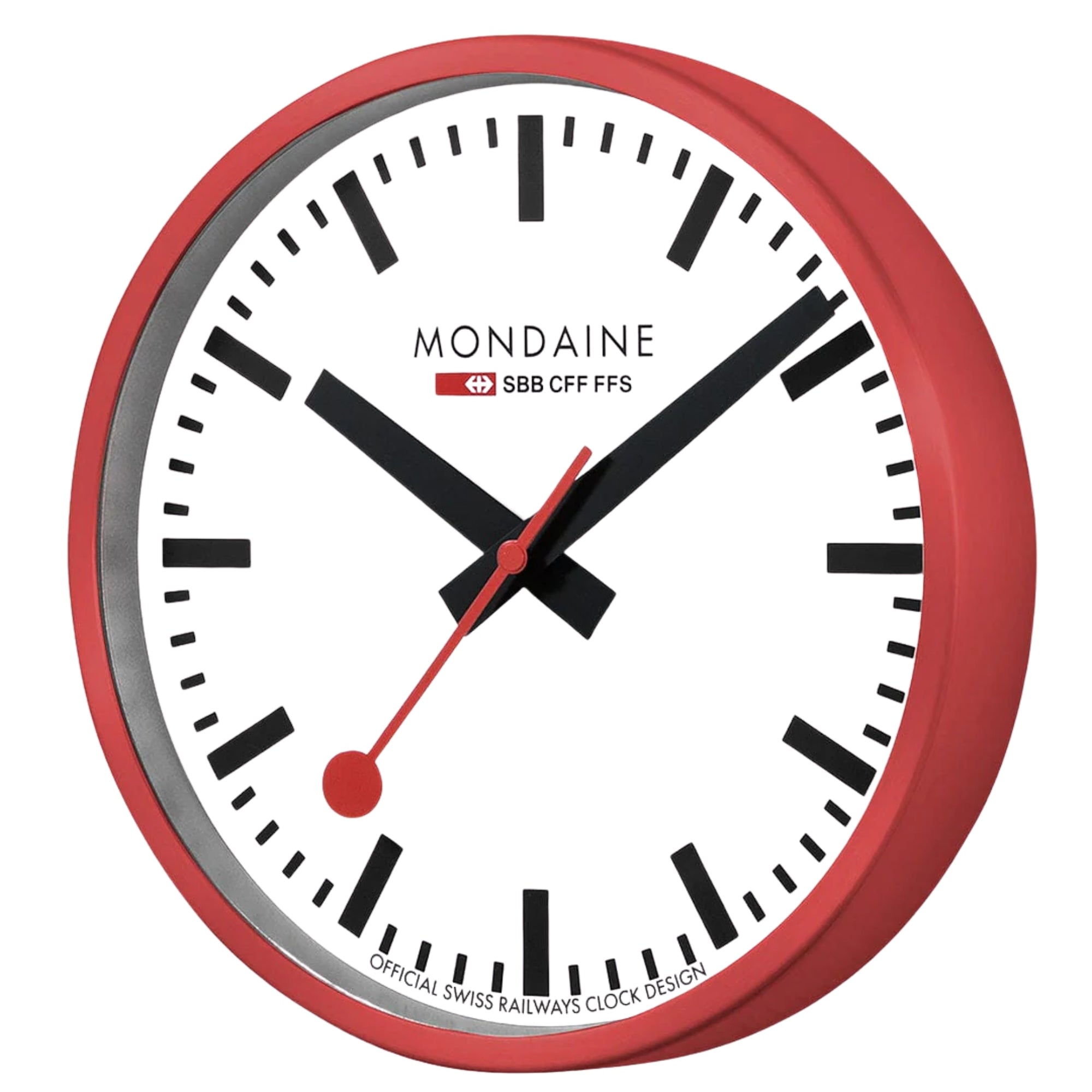 High-angle front view of Mondaine clock A990.CLOCK.11SBC showing the bright red outer casing