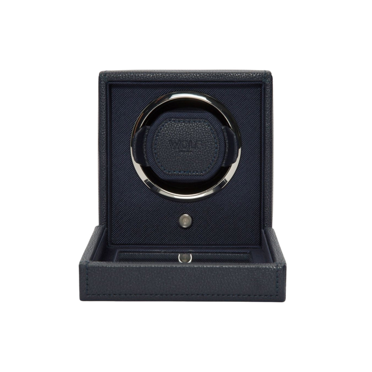 WOLF Cub 461117 front view displaying navy single watch winder with glass cover door folded open