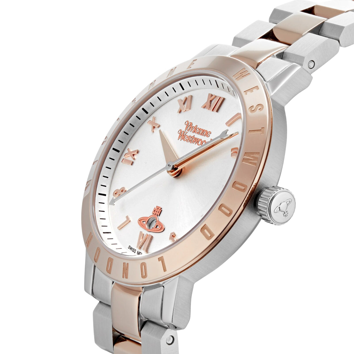 Round two-tone watch face with silver dial, Roman numerals, and rose-gold bezel and markers