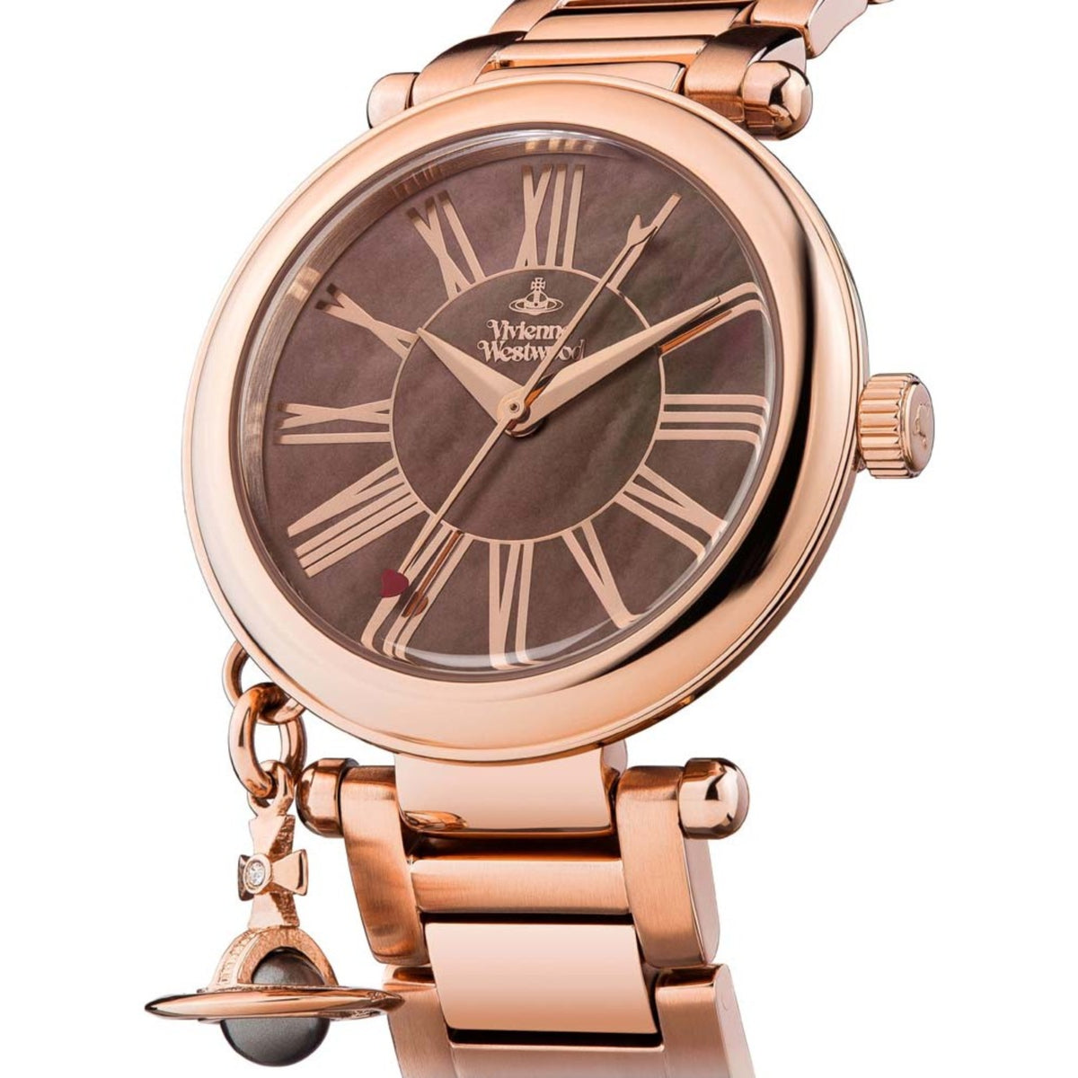 Close-up side perspective of the Vivienne Westwood Mother Orb VV006PBRRS 32mm mother of pearl dial watch showing orb charm detail.