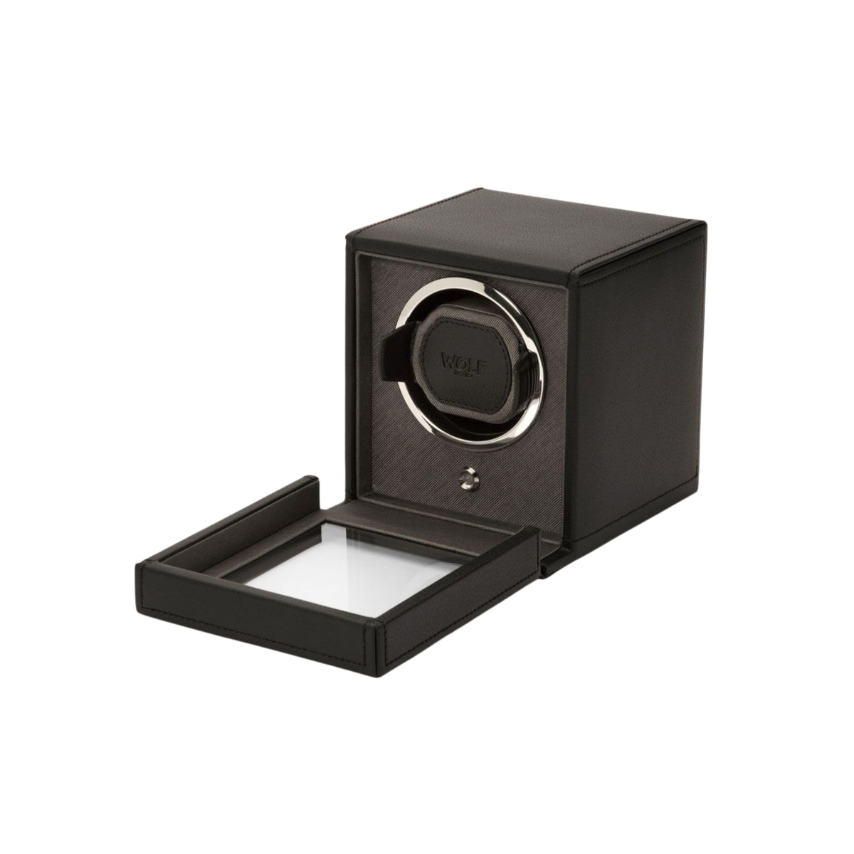WOLF Cub 461103 perspective view of open black single watch winder with glass cover door lowered