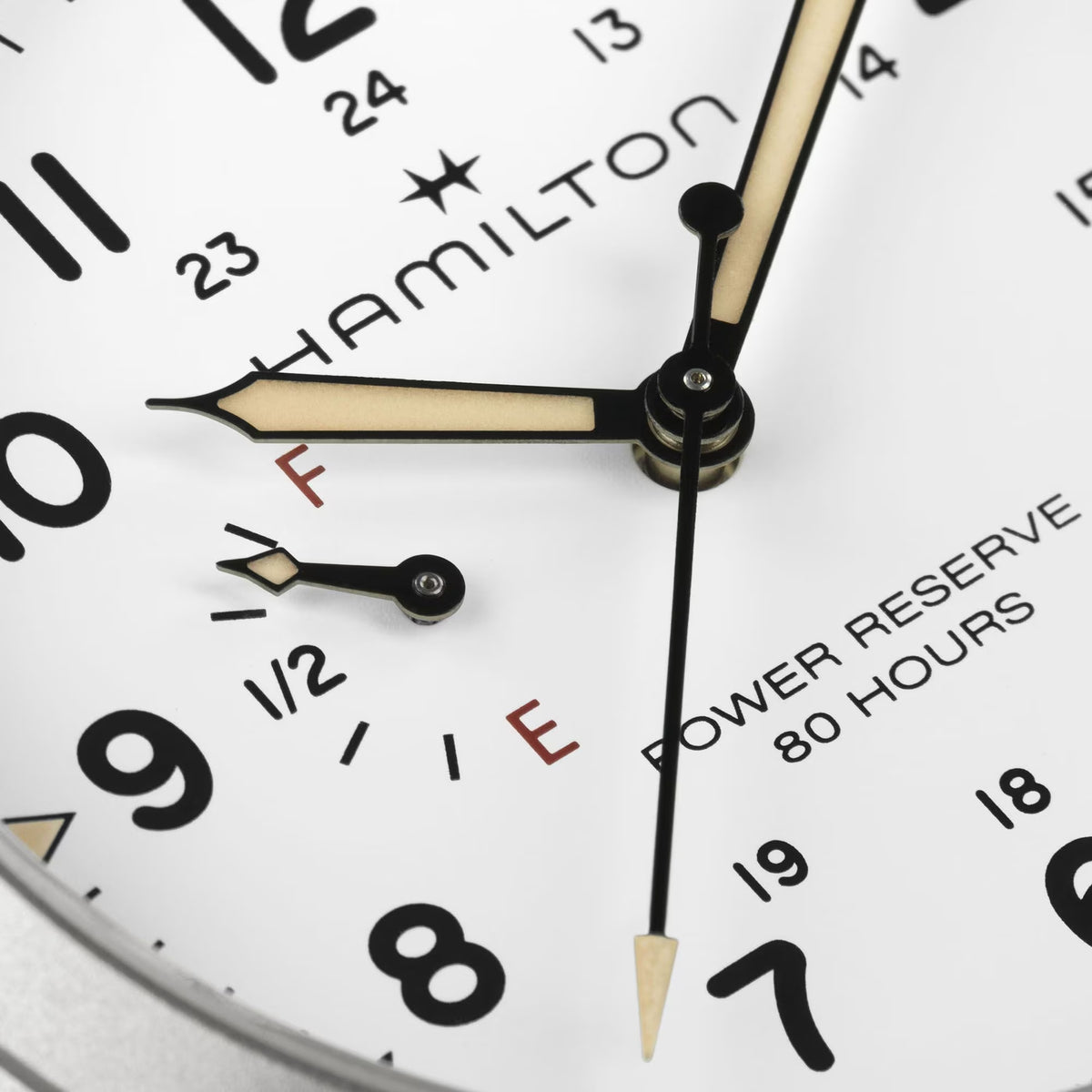 Hamilton Khaki Field H69509910 white dial with power reserve indicator at 9 o'clock close-up
