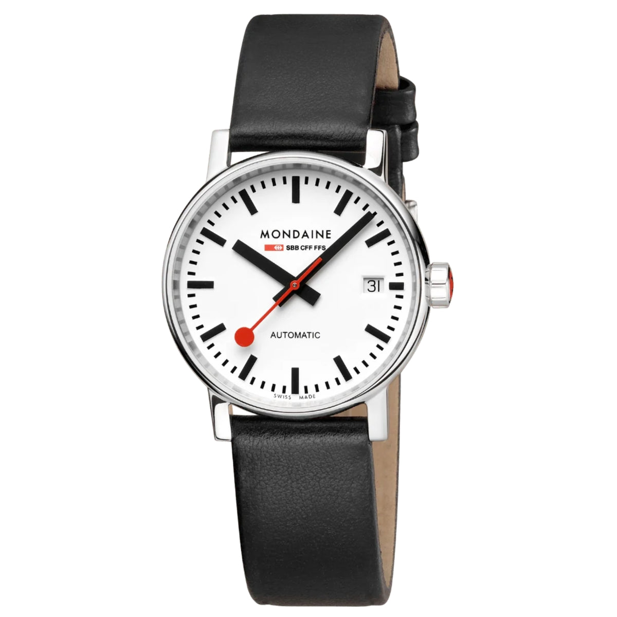 Mondaine Evo2 MSE.35610.LBV three-quarter front perspective featuring white dial face with steel case lugs