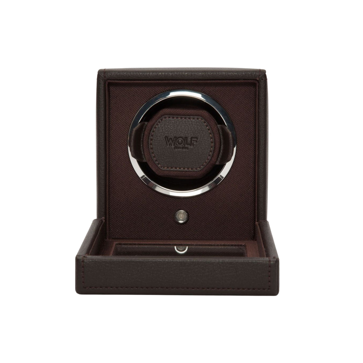 WOLF Cub 461106 front view displaying brown single watch winder with glass cover door folded open