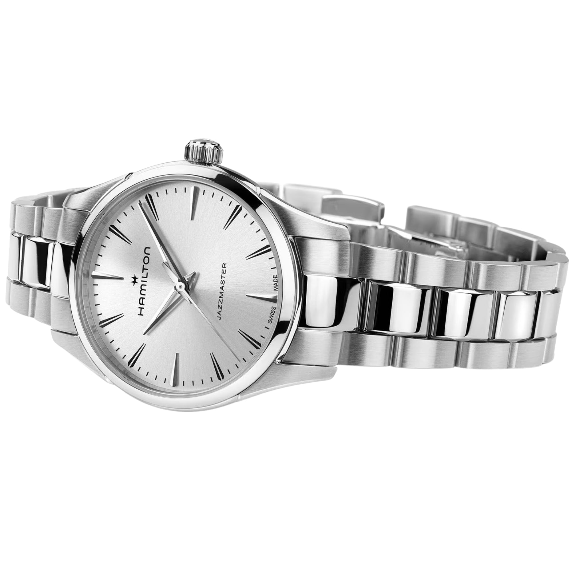 Hamilton Jazzmaster watch with a silver dial and stainless steel bracelet