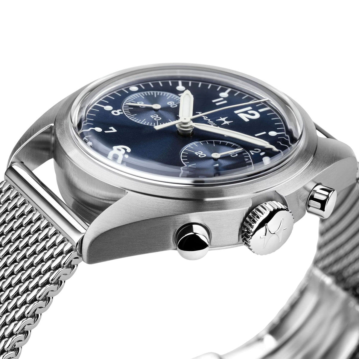 Hamilton H76409140 matte blue bi-compax dial with crown guard close-up
