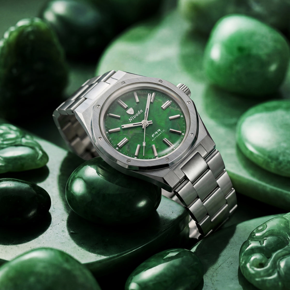 Nivada Grenchen F77 MK2 100 Years Edition 38mm Jade Dial Steel Mens Automatic Watch 68055A77