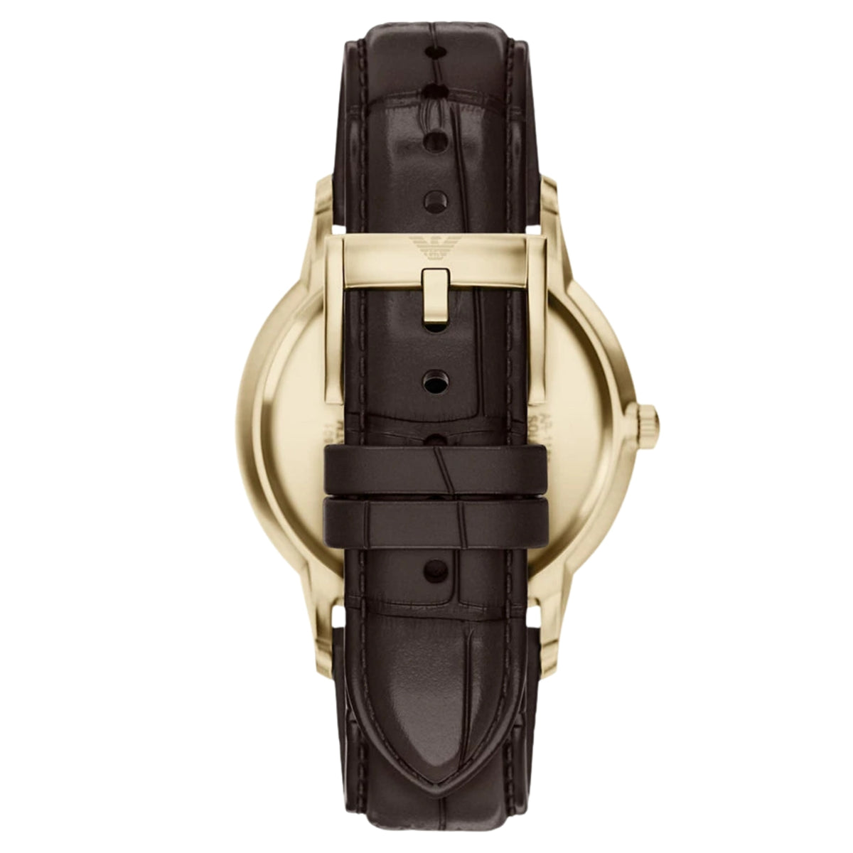 Straight back shot of the Emporio Armani Archetipo AR11824 watch displaying the brown leather strap and pin buckle fastening
