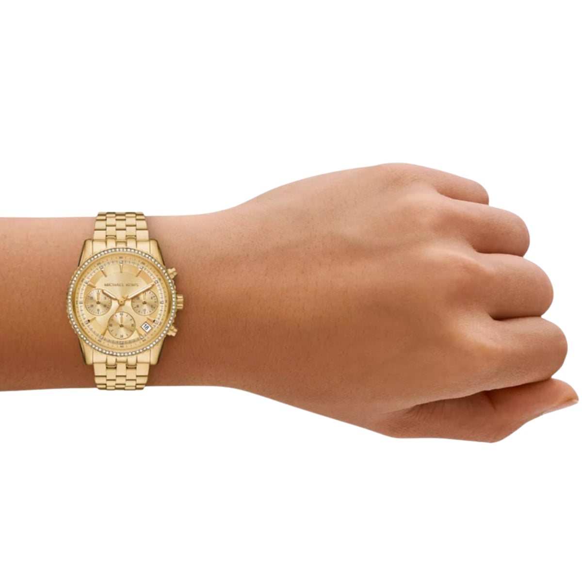 Gold-tone chronograph watch worn on wrist with gold dial and metal link bracelet