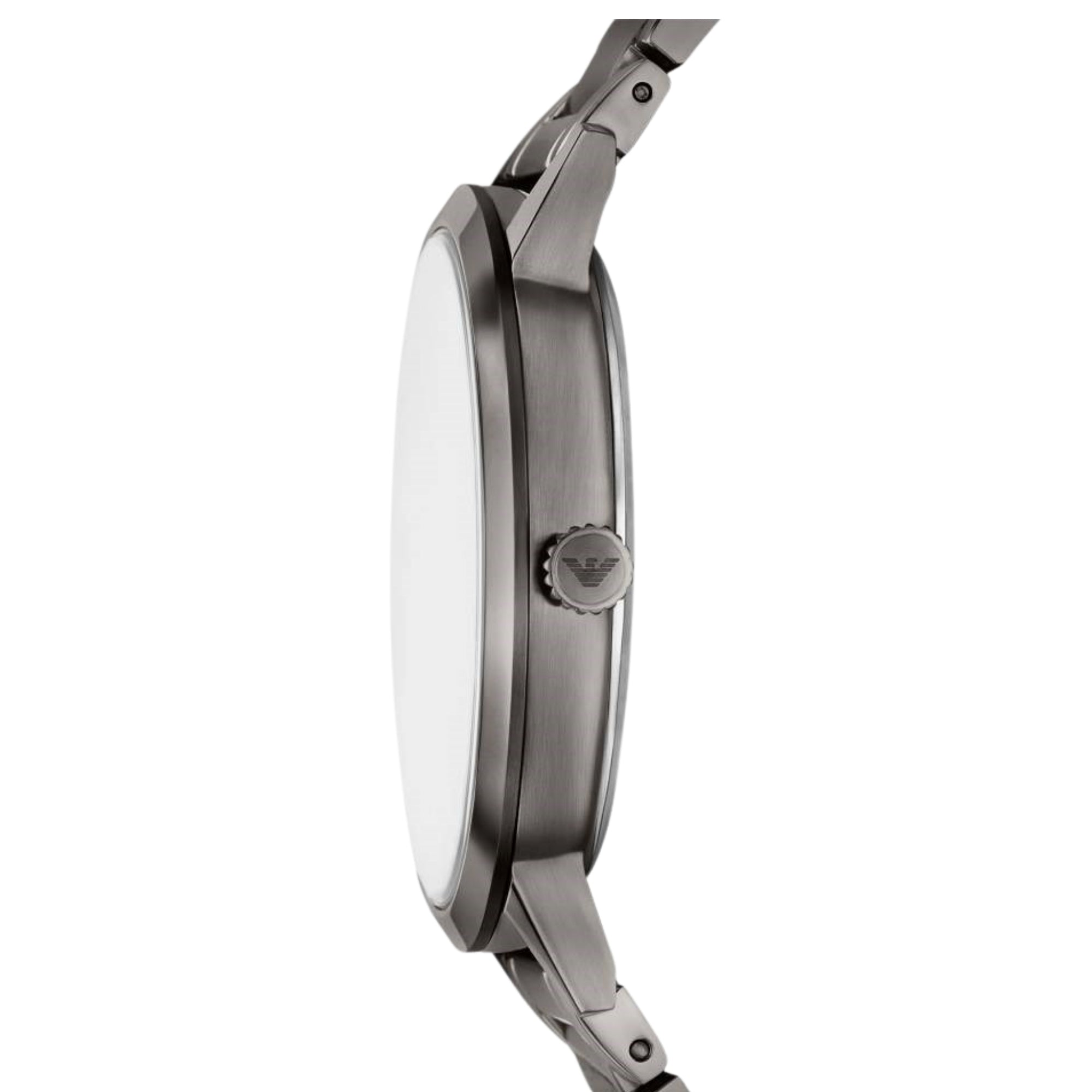 Emporio Armani men's quartz watch case profile in polished stainless steel