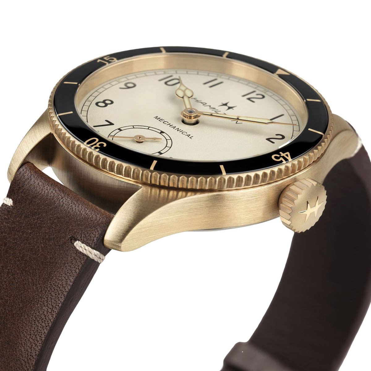 Hamilton Khaki Aviation Pioneer mechanical watch with a bronze case and brown leather strap.