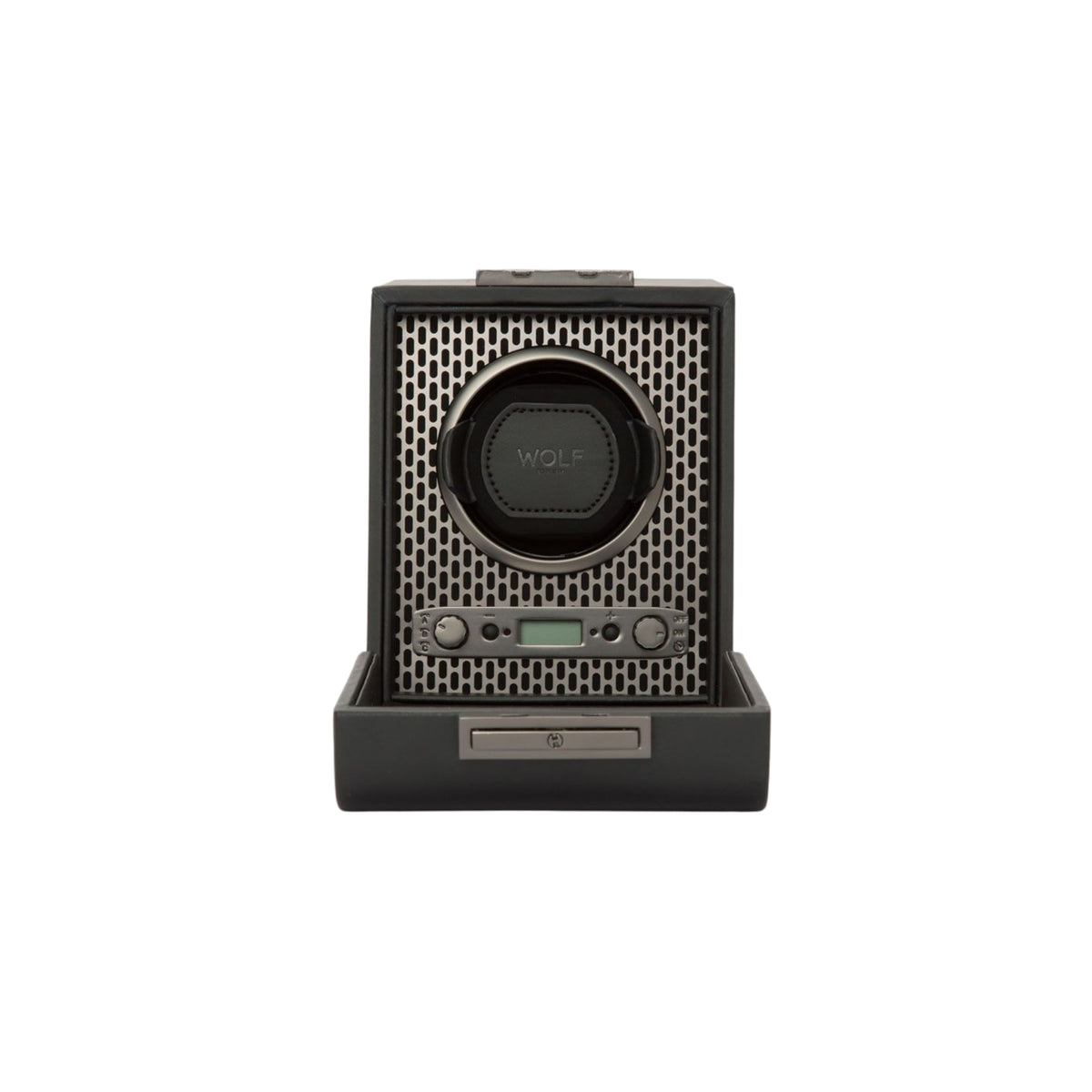 WOLF Axis 469103 front view of open powder coat single watch winder with perforated metal faceplate and controls