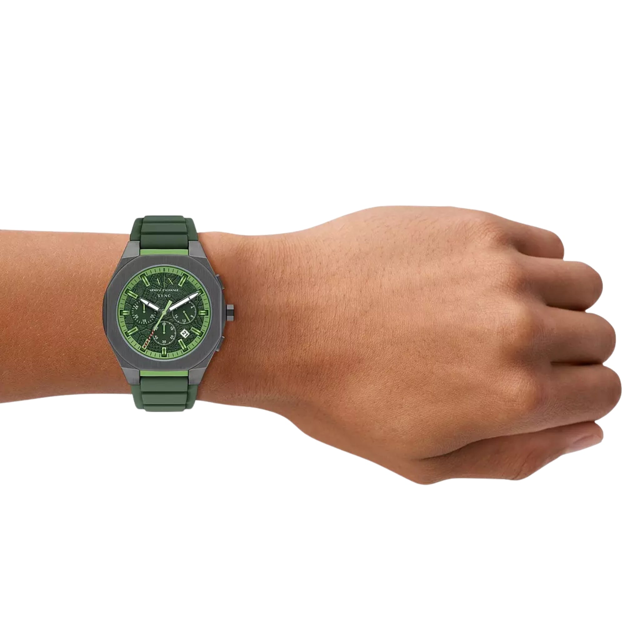 Armani Exchange Sync 44mm Chronograph Green Dial Silicone Mens Quartz Watch AX4292