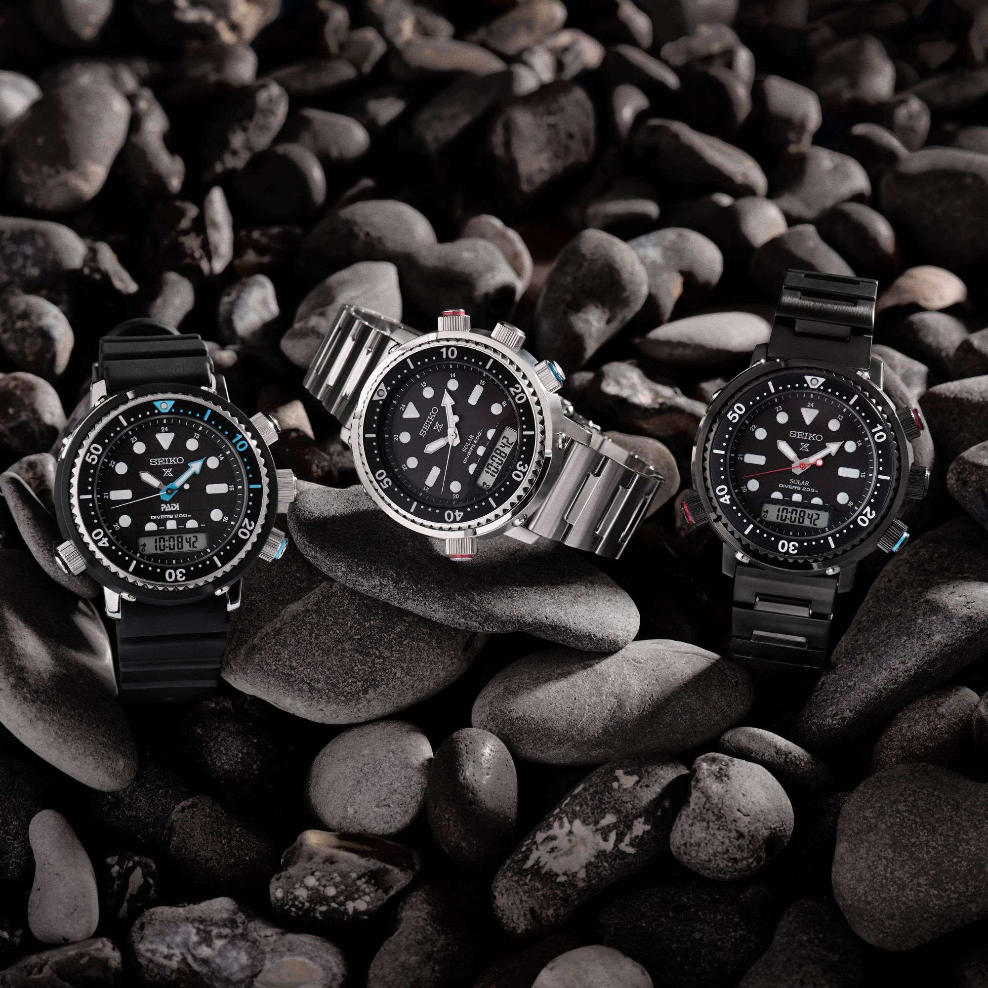Seiko Prospex Solar ‘Arnie’ Hybrid PADI Diver’s 40th Anniversary Solar Quartz Black Dial Black PVD Stainless Steel Bracelet SNJ035P1F