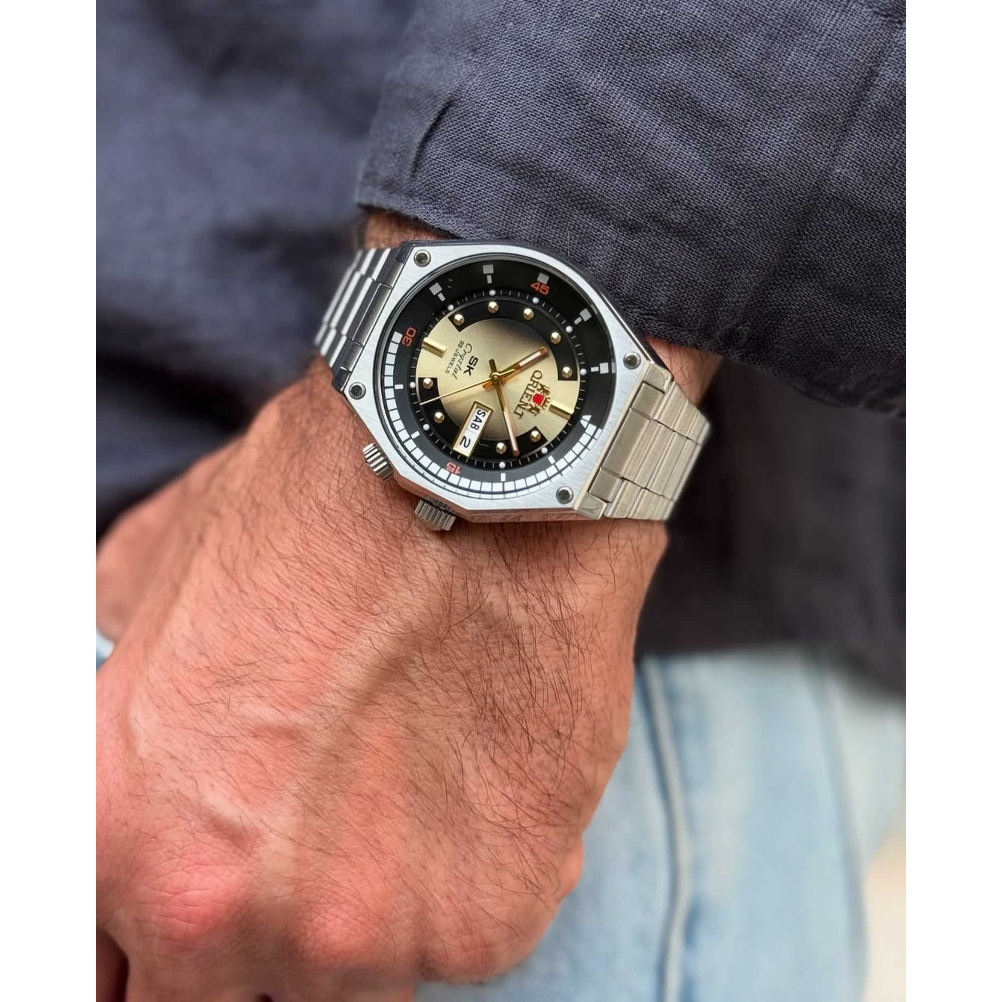 Orient Revival Super King Diver Automatic Golden Dial Steel Strap Men's Watch RA-AA0B01G39B