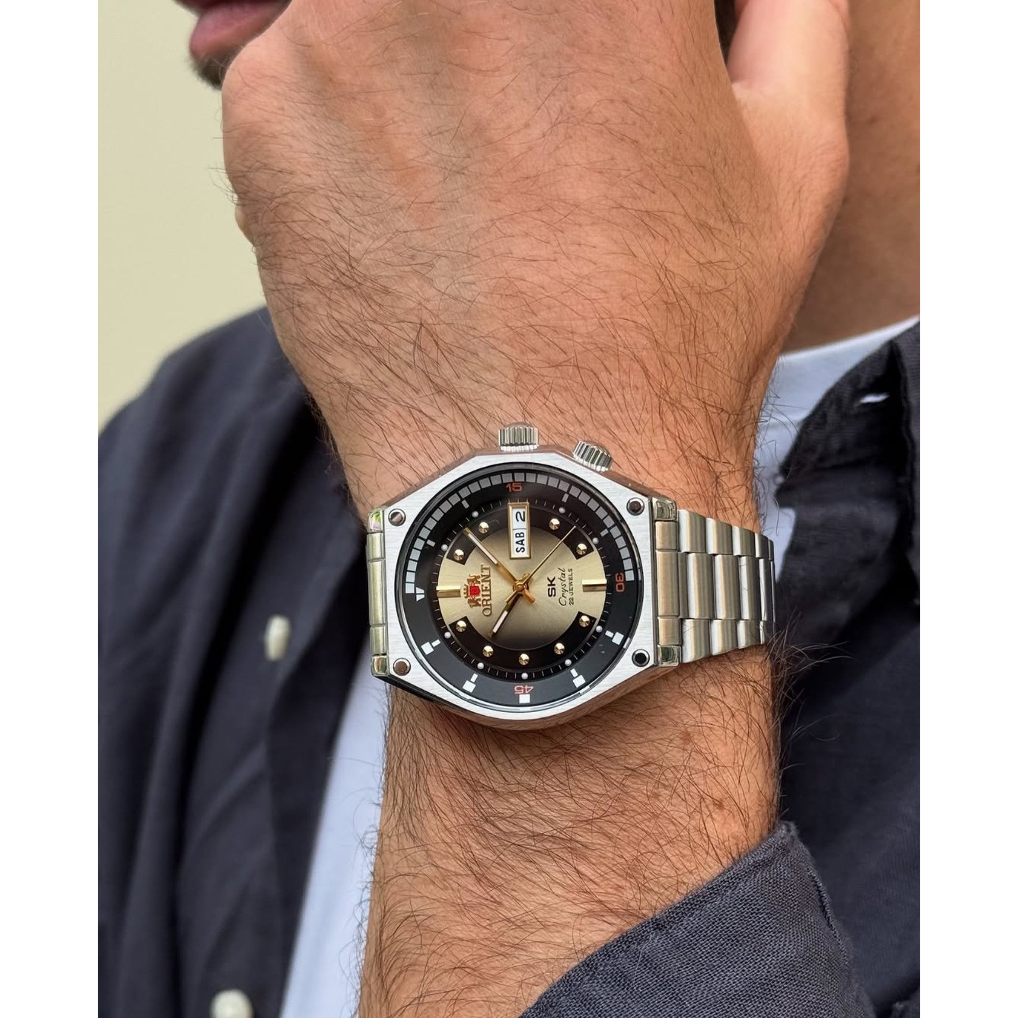 Orient Revival Super King Diver Automatic Golden Dial Steel Strap Men's Watch RA-AA0B01G39B