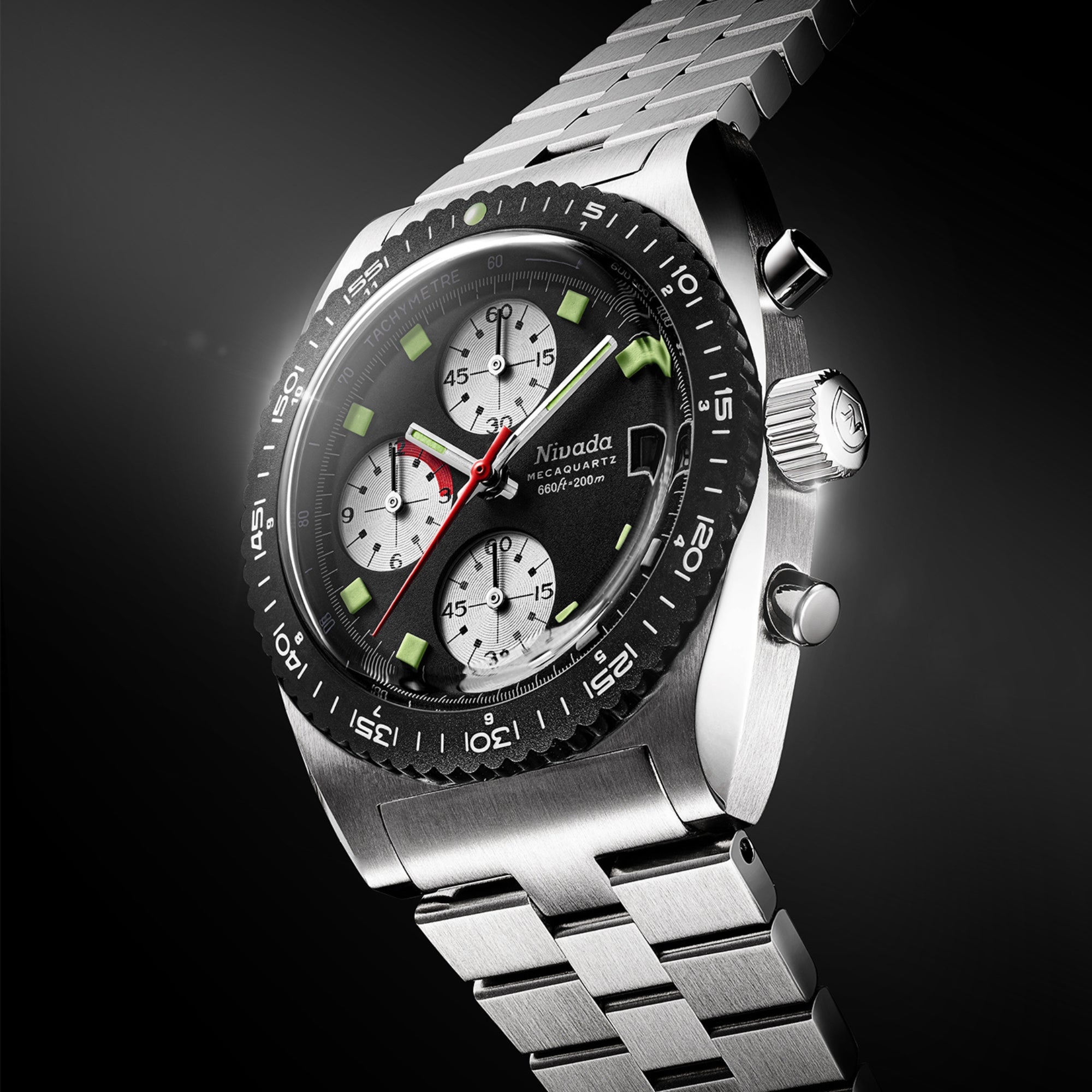 Nivada Grenchen Autochron Mecaquartz 38mm Reverse Panda Chronograph Black Dial Steel Mens Quartz Watch 77007Q45