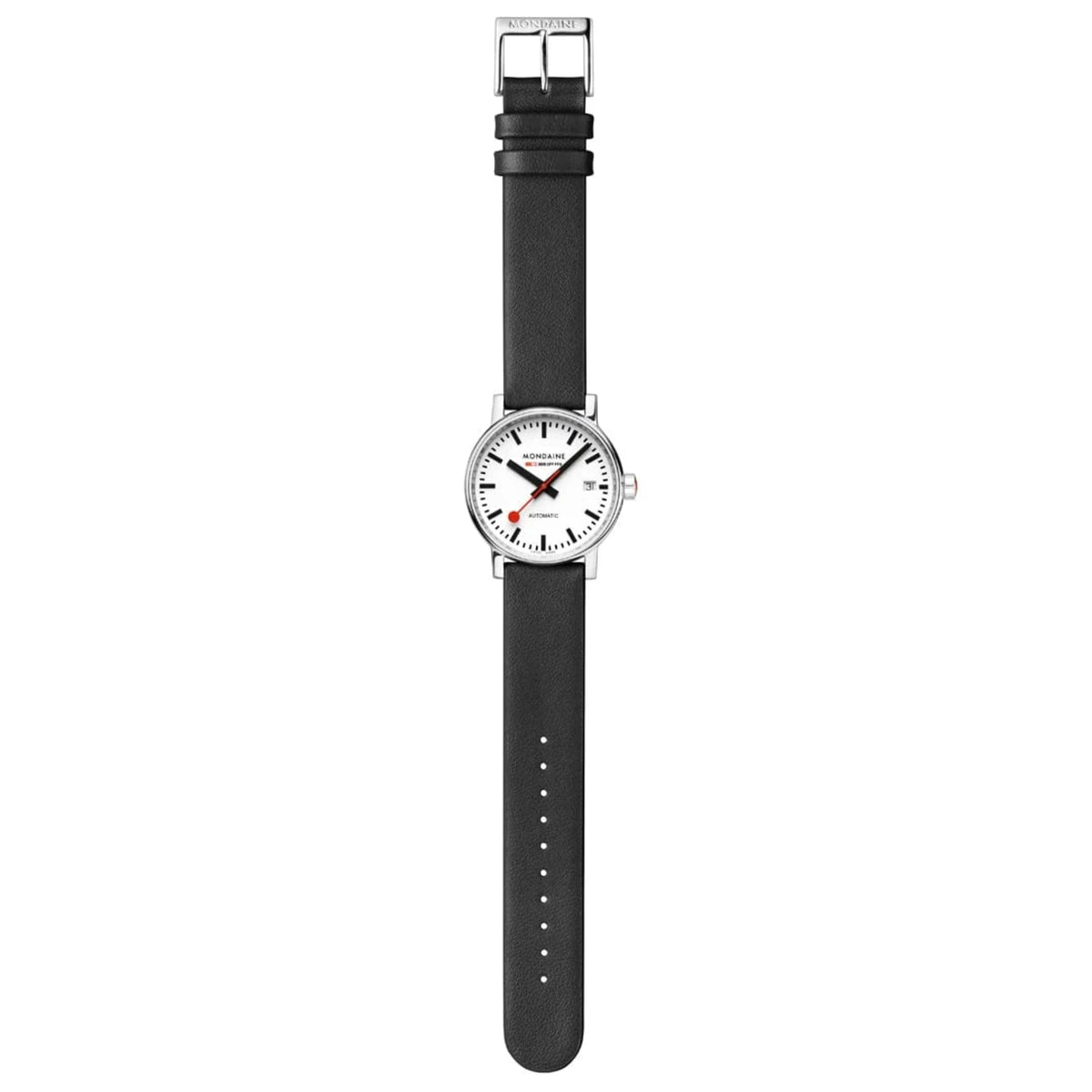 Mondaine Evo2 MSE.35610.LBV full vertical layout displaying white dial watch with buckle band