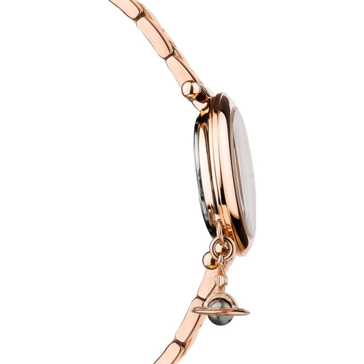 Slim profile view of the Vivienne Westwood Mother Orb VV006PBRRS ladies watch case, rose gold steel bracelet, and dangling charm.