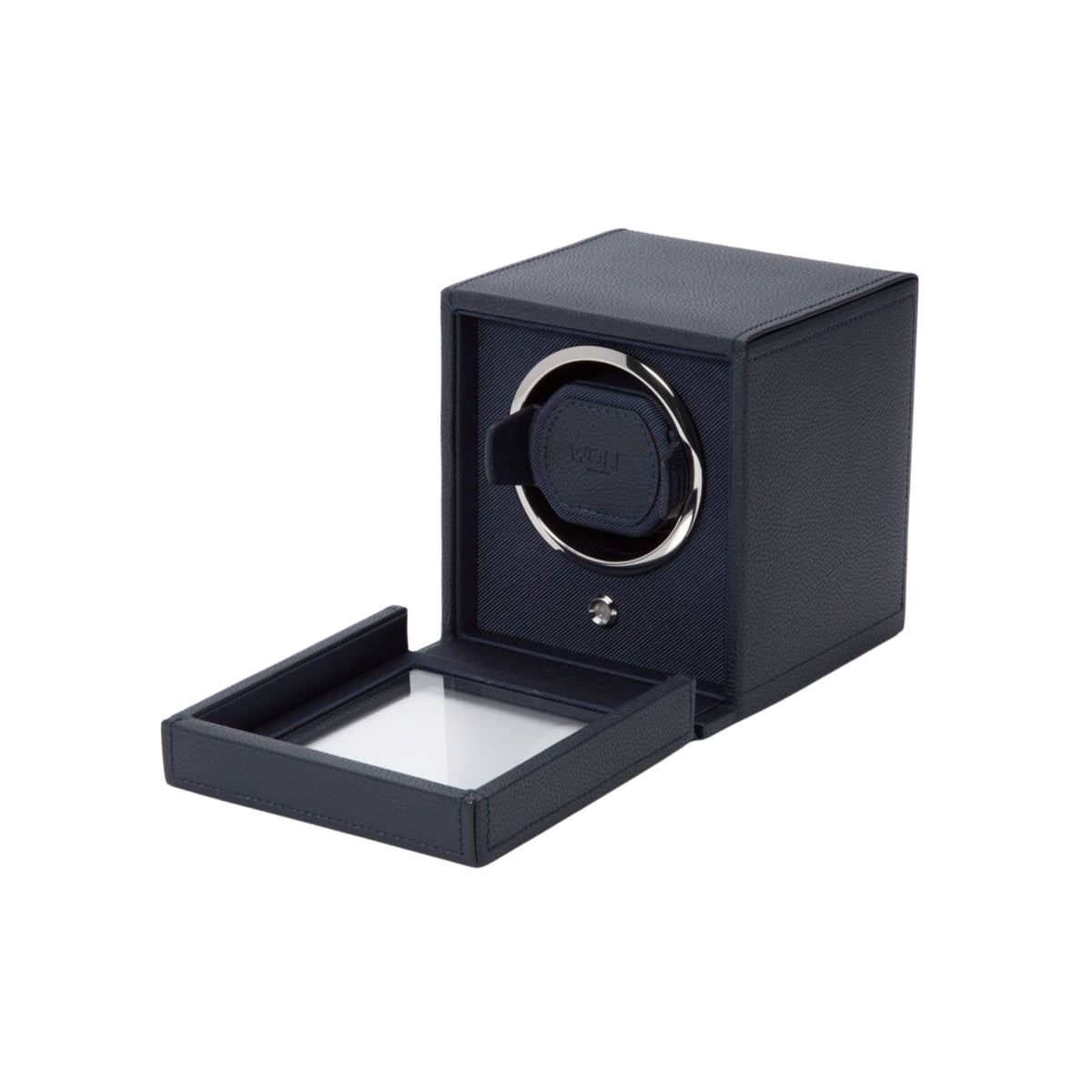 WOLF Cub 461117 perspective view of open navy single watch winder with glass cover door lowered