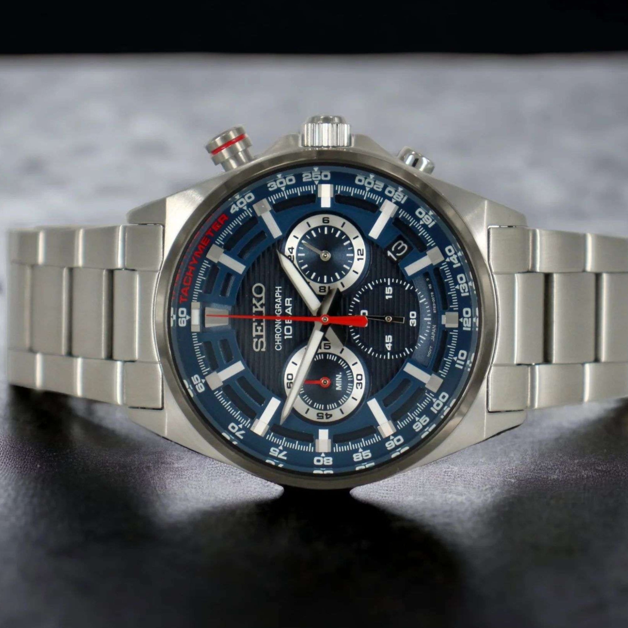 Seiko Essentials 41mm Chronograph blue dial tachymeter steel watch SSB407P1