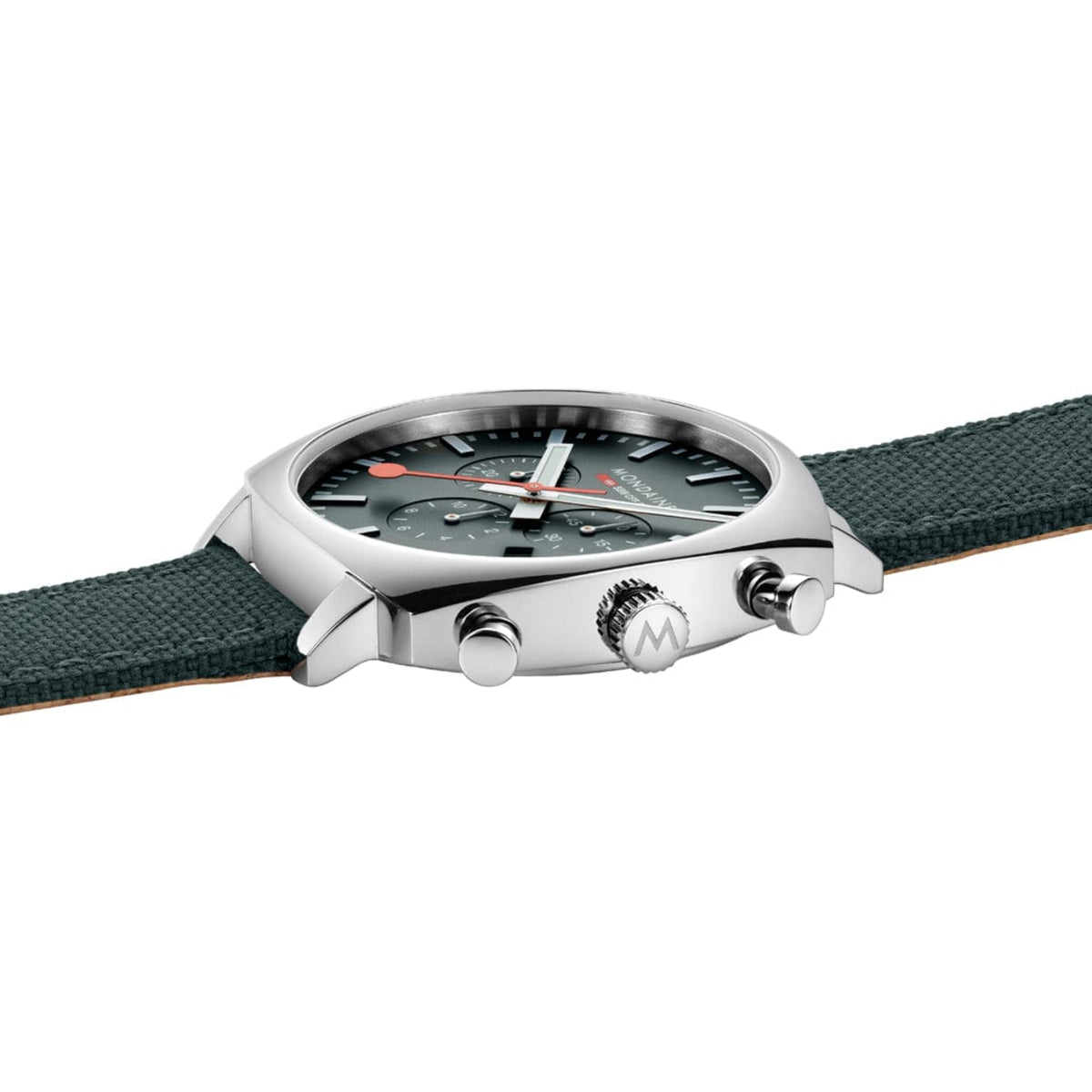 Mondaine Cushion MSL.41460.LF.SET low profile side view featuring chronograph pushers and M logo crown