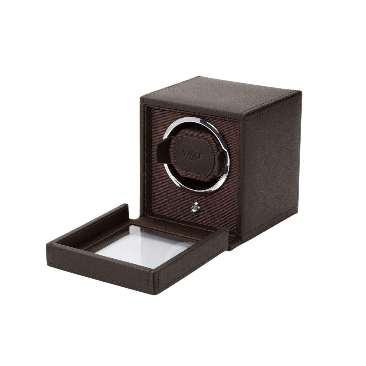 WOLF Cub 461106 perspective view of open brown single watch winder with glass cover door lowered