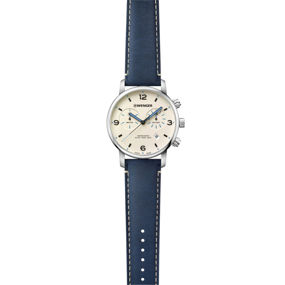 Wenger Urban Metropolitan 01.1743.119 full length view displaying cream chronograph dial and leather strap