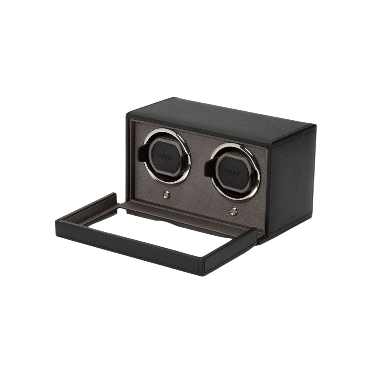 WOLF Cub 461203 perspective view of open black double watch winder with glass door lowered