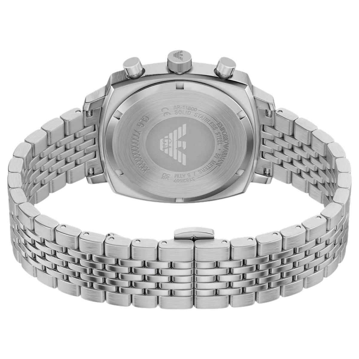 Angled rear view of the Emporio Armani Carlo AR11800 watch displaying the engraved steel case back and multi-link stainless steel bracelet