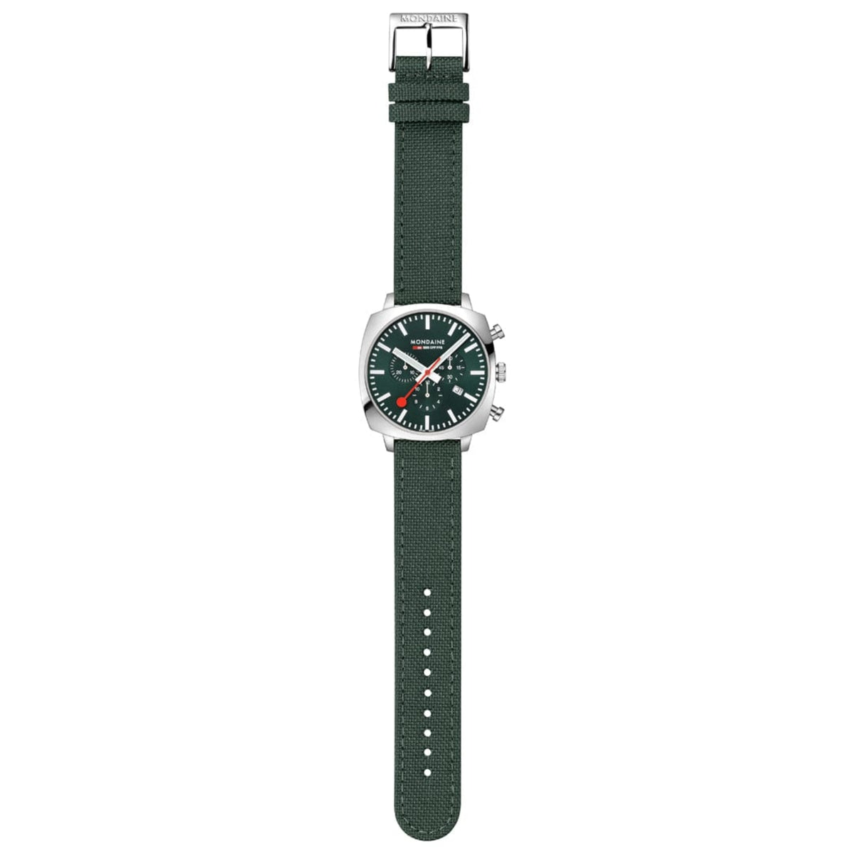 Mondaine Cushion MSL.41460.LF.SET full vertical layout displaying complete green chronograph watch with textile strap