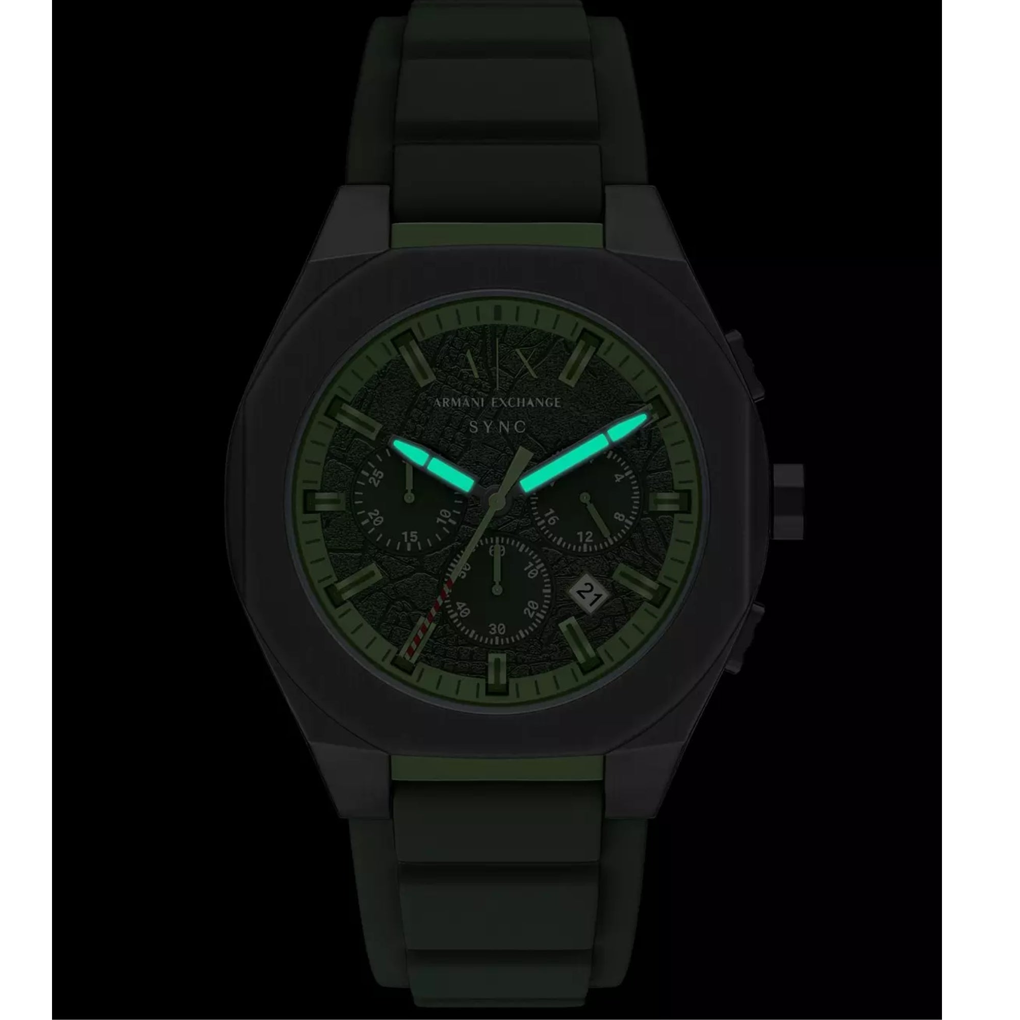 Armani Exchange Sync 44mm Chronograph Green Dial Silicone Mens Quartz Watch AX4292