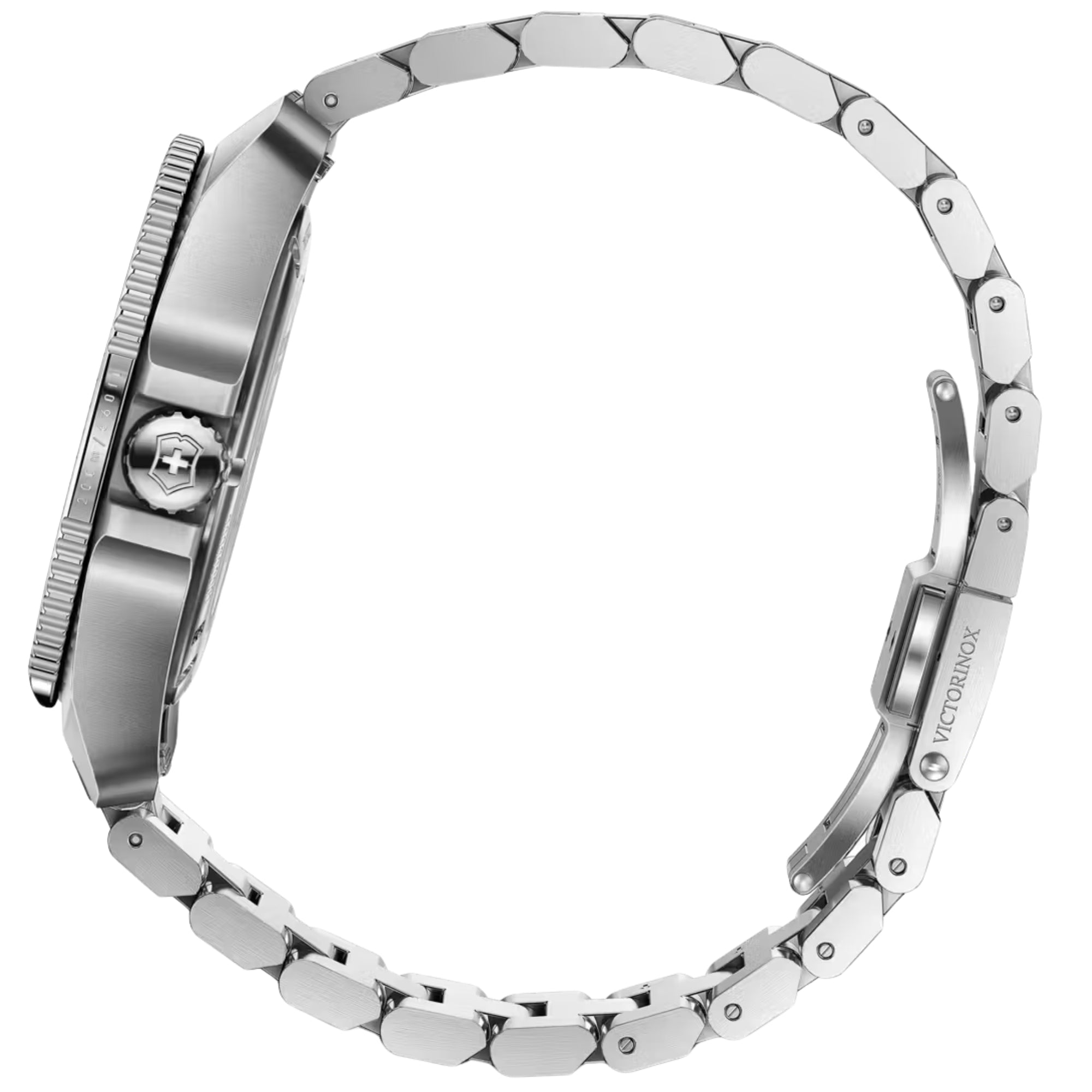 Victorinox Journey 1884 242009 sideview showing case thickness and steel bracelet