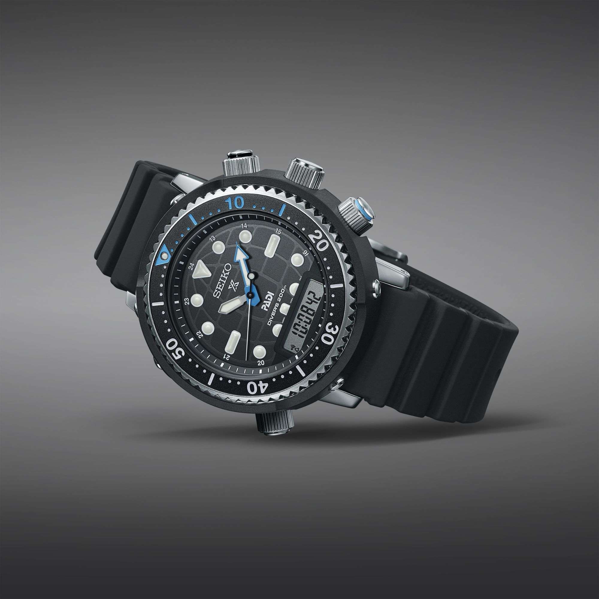 Seiko Prospex Solar ‘Arnie’ Hybrid PADI Diver’s 40th Anniversary Solar Quartz Black Dial Black PVD Stainless Steel Bracelet SNJ035P1F