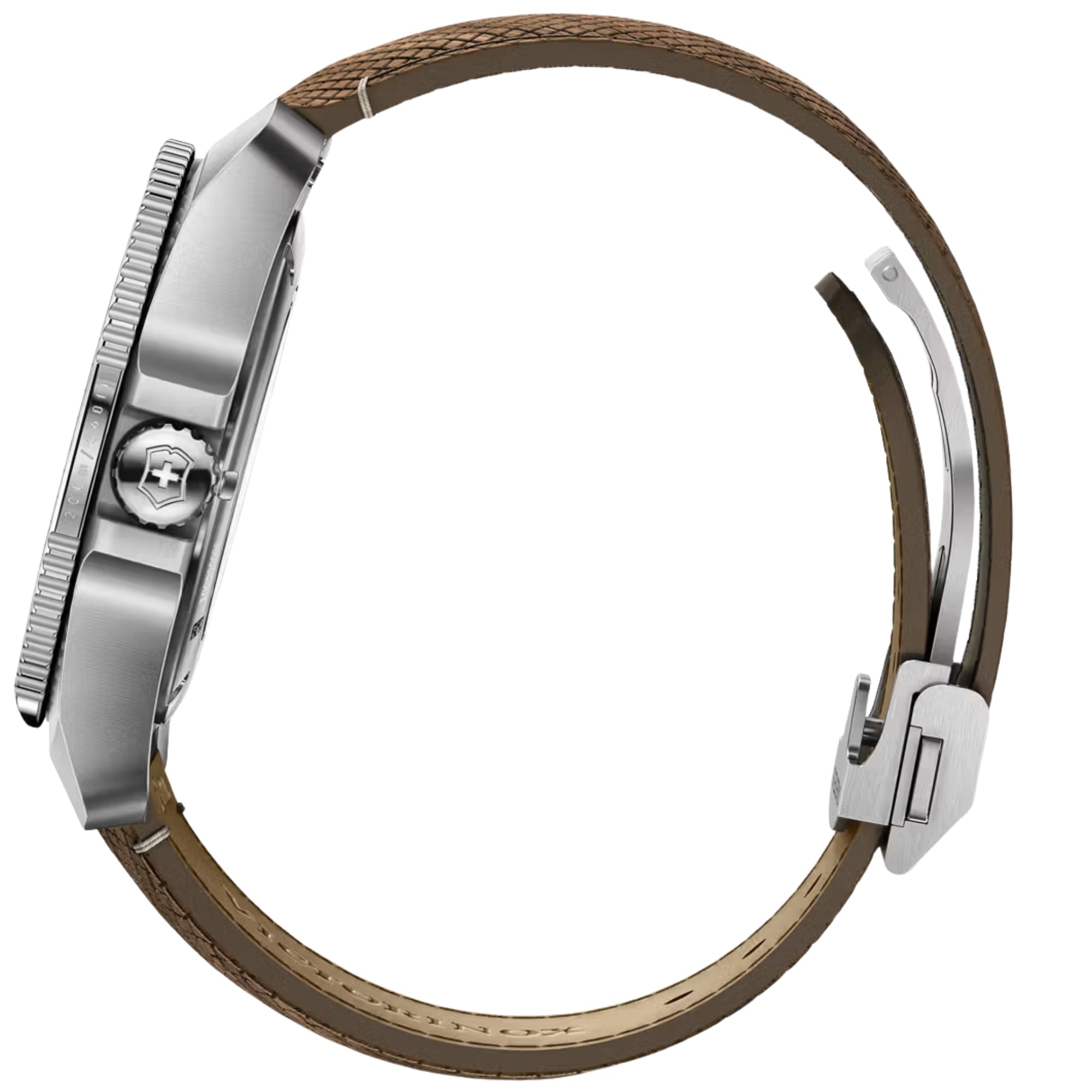 Victorinox watch showing its stainless steel case and brown strap with a deployment clasp side profile