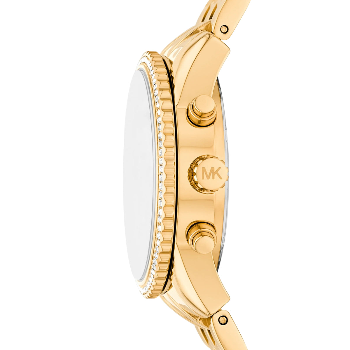 Gold-tone watch case side view with crown details and crystal bezel edge