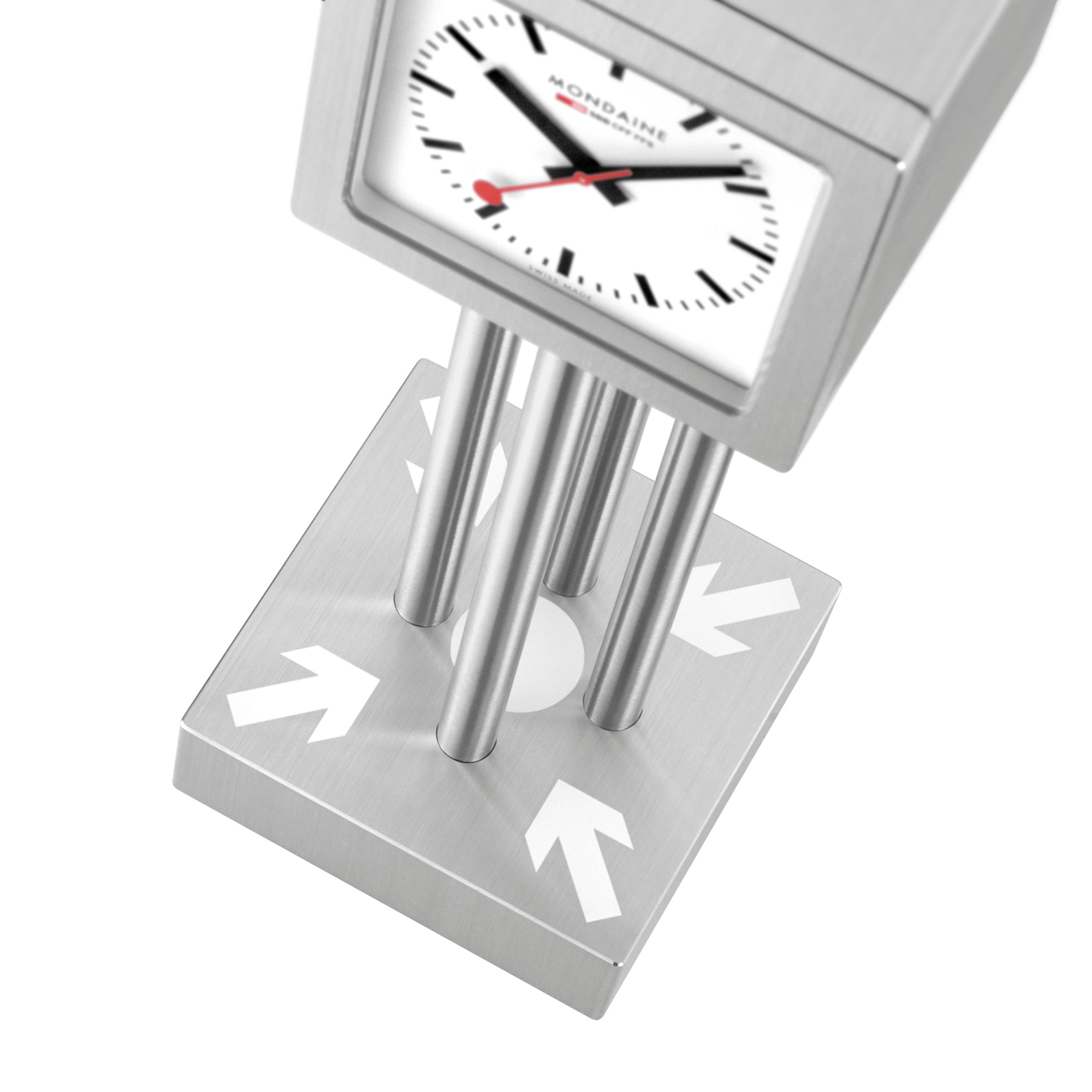 Square aluminum table clock base with silver pillars and white time dial visible