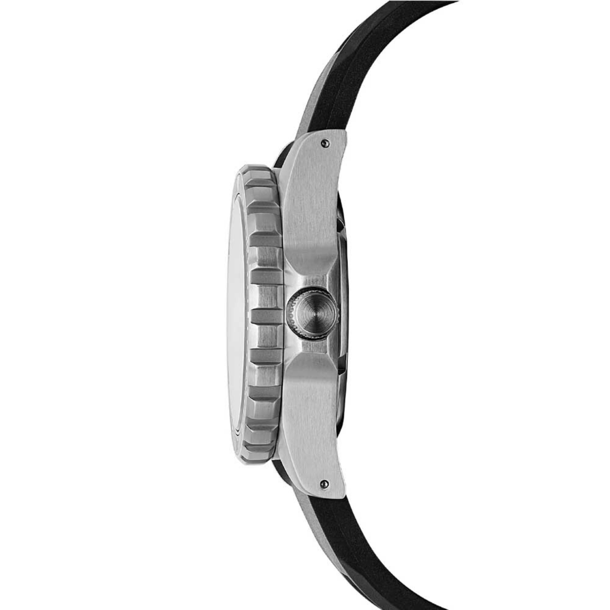 Marathon automatic diver’s watch left-side profile with stainless case and black rubber strap