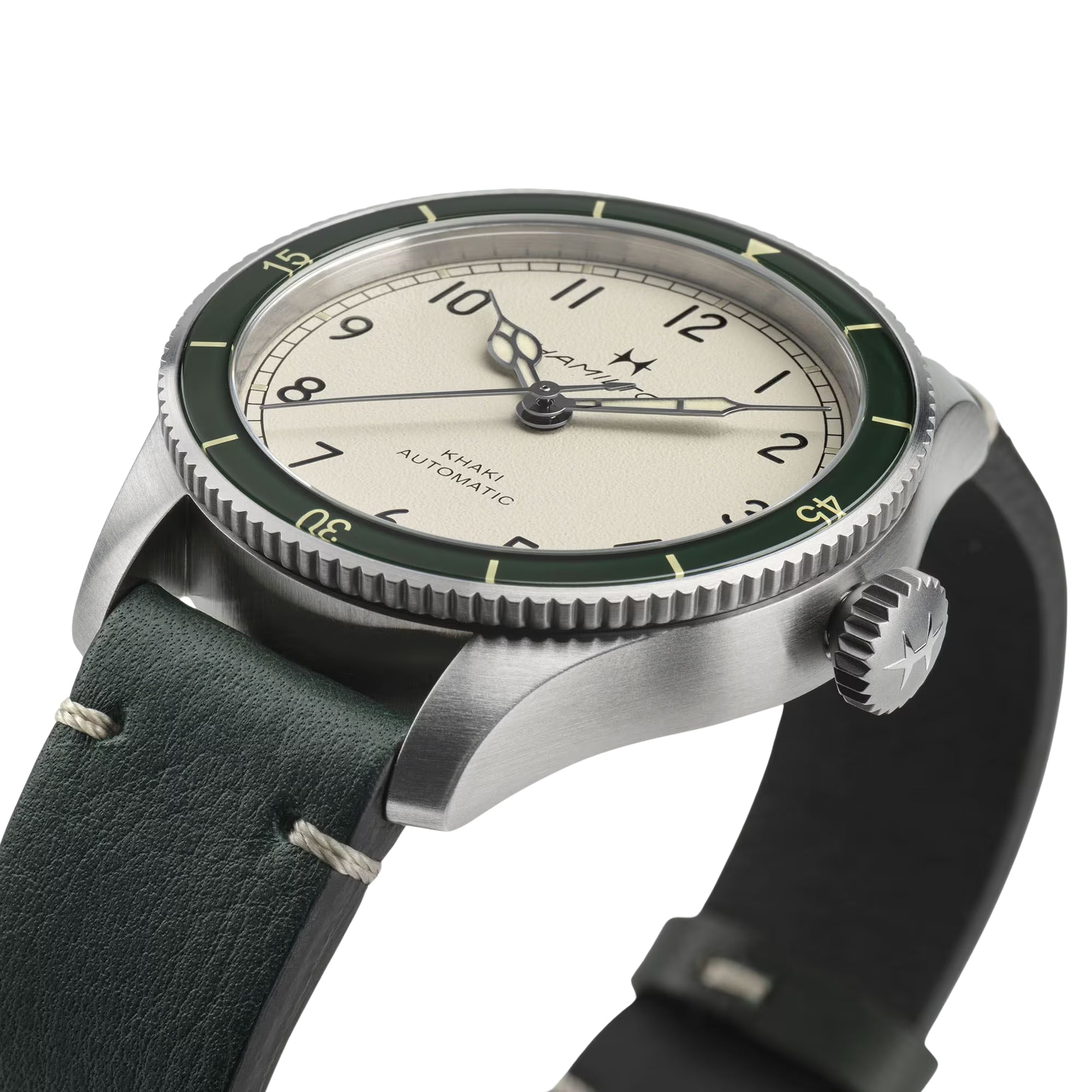 Hamilton Khaki Aviation H76255810 38mm stainless steel case with rotating green bezel side profile