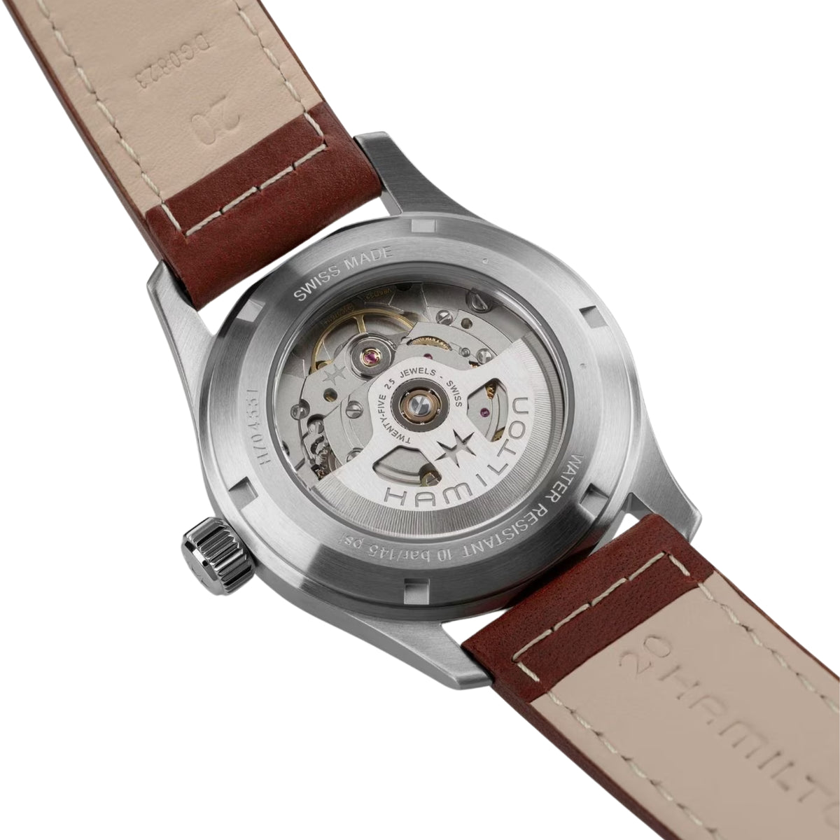 Hamilton Khaki Field H70455560 see-through caseback revealing H-10 movement