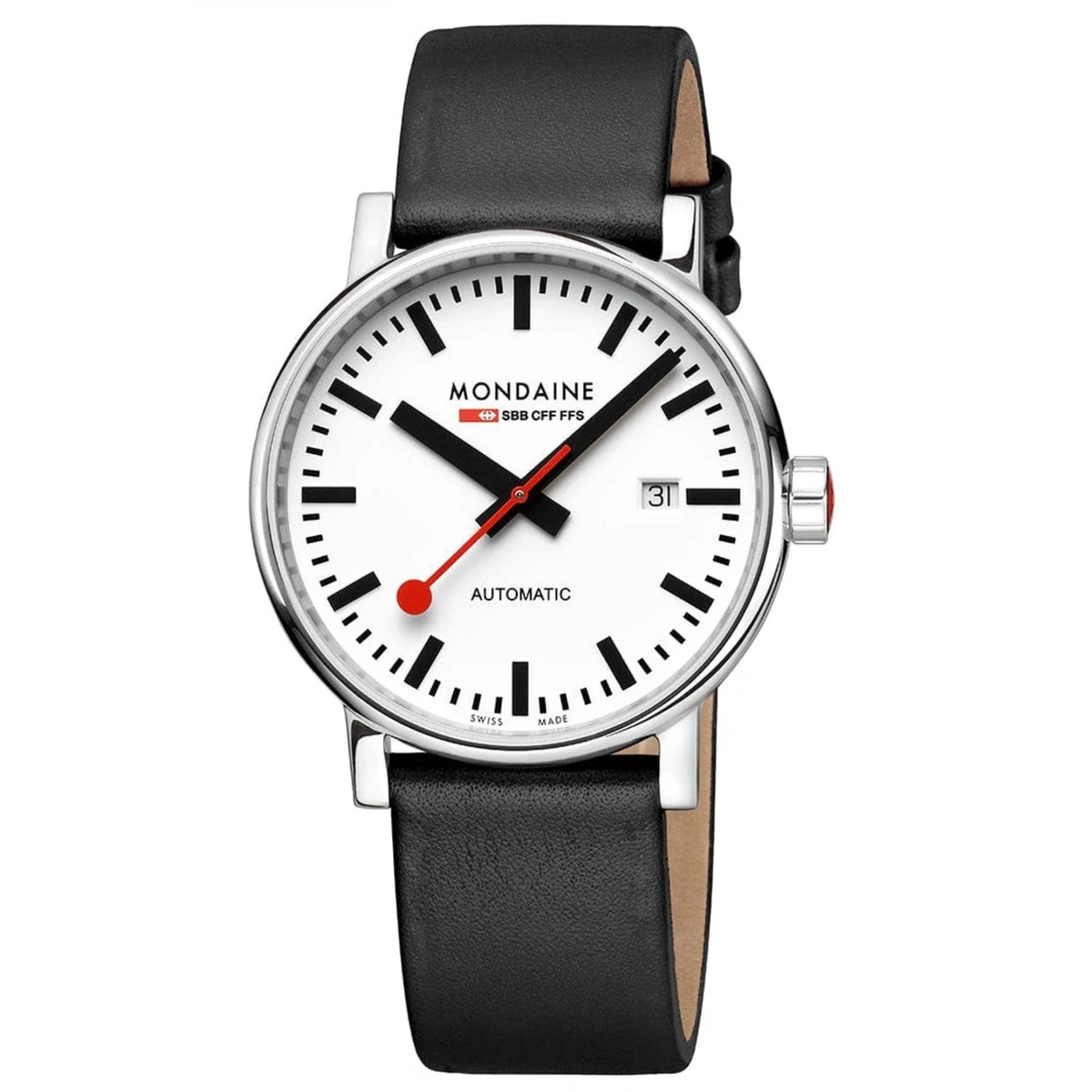 Mondaine Evo2 men’s automatic watch with white dial, black leather strap, silver case