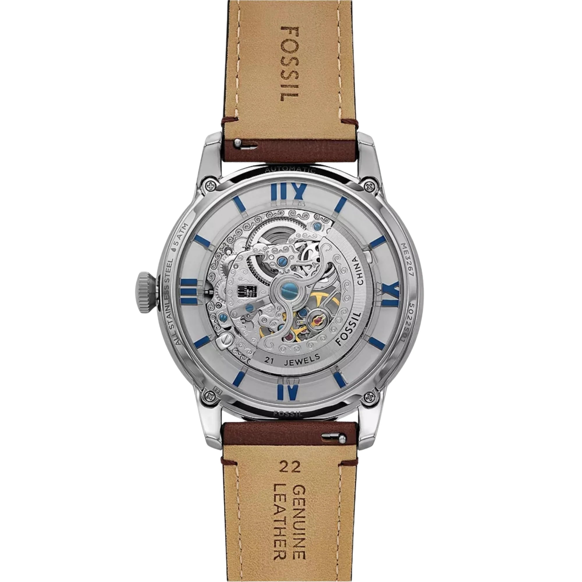 Fossil Townsman 44mm Skeleton Silver Dial Leather Mens Automatic Watch ME3267 exhibition case back close up