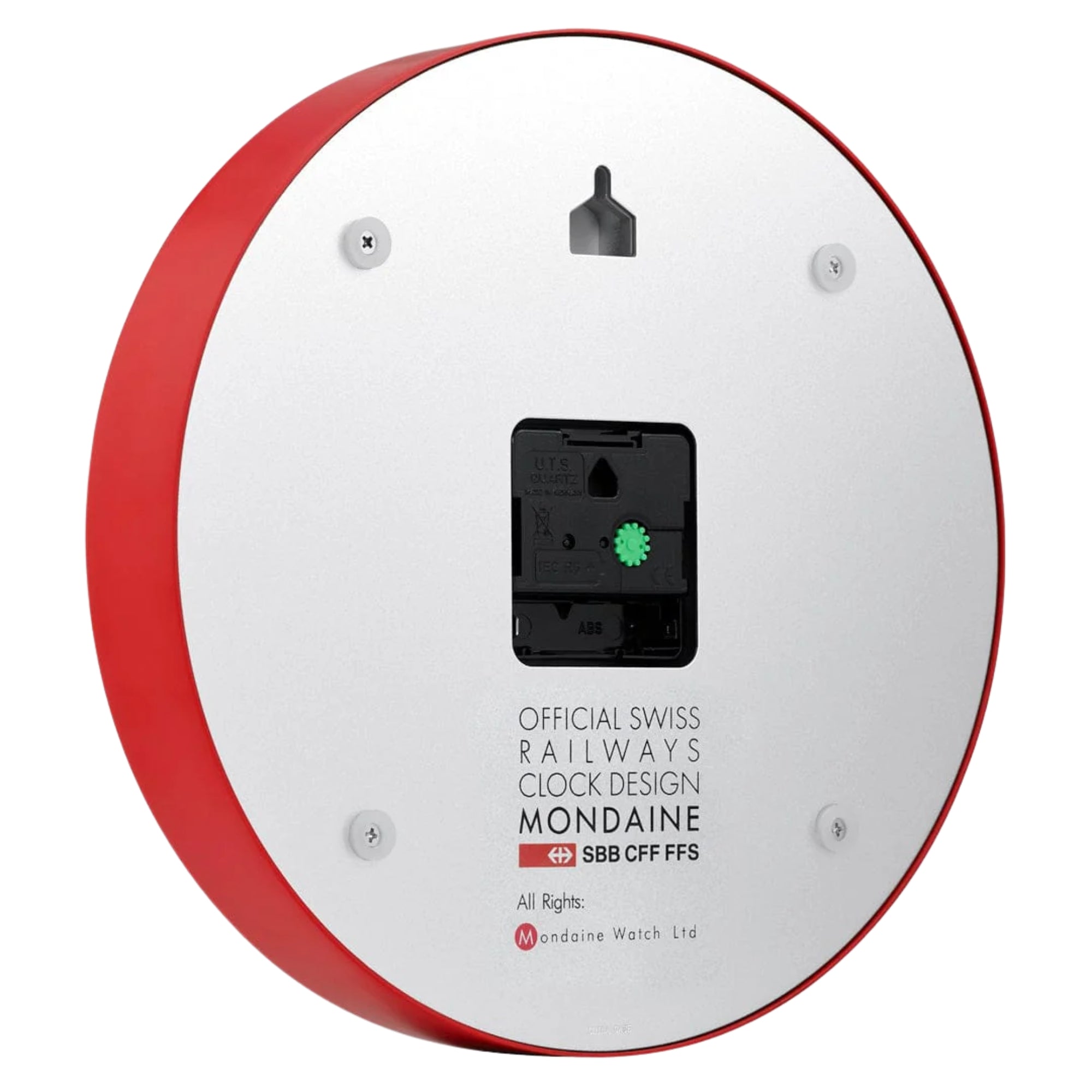 Back view of Mondaine A990.CLOCK.11SBC clock with battery slot and wall mount hole