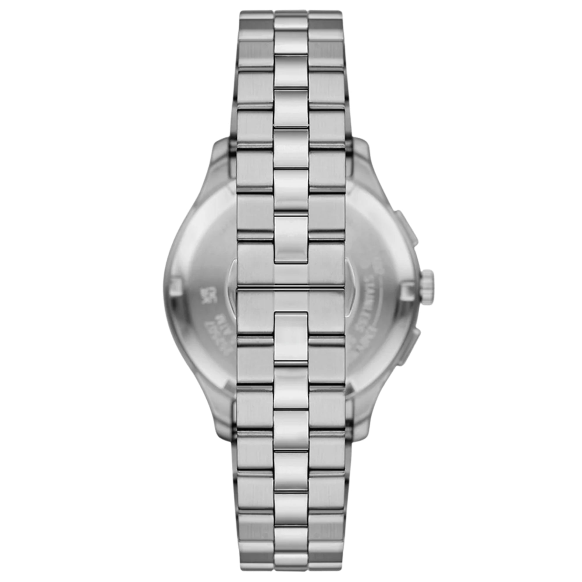 Mens steel chronograph watch with metal link bracelet, case back facing up