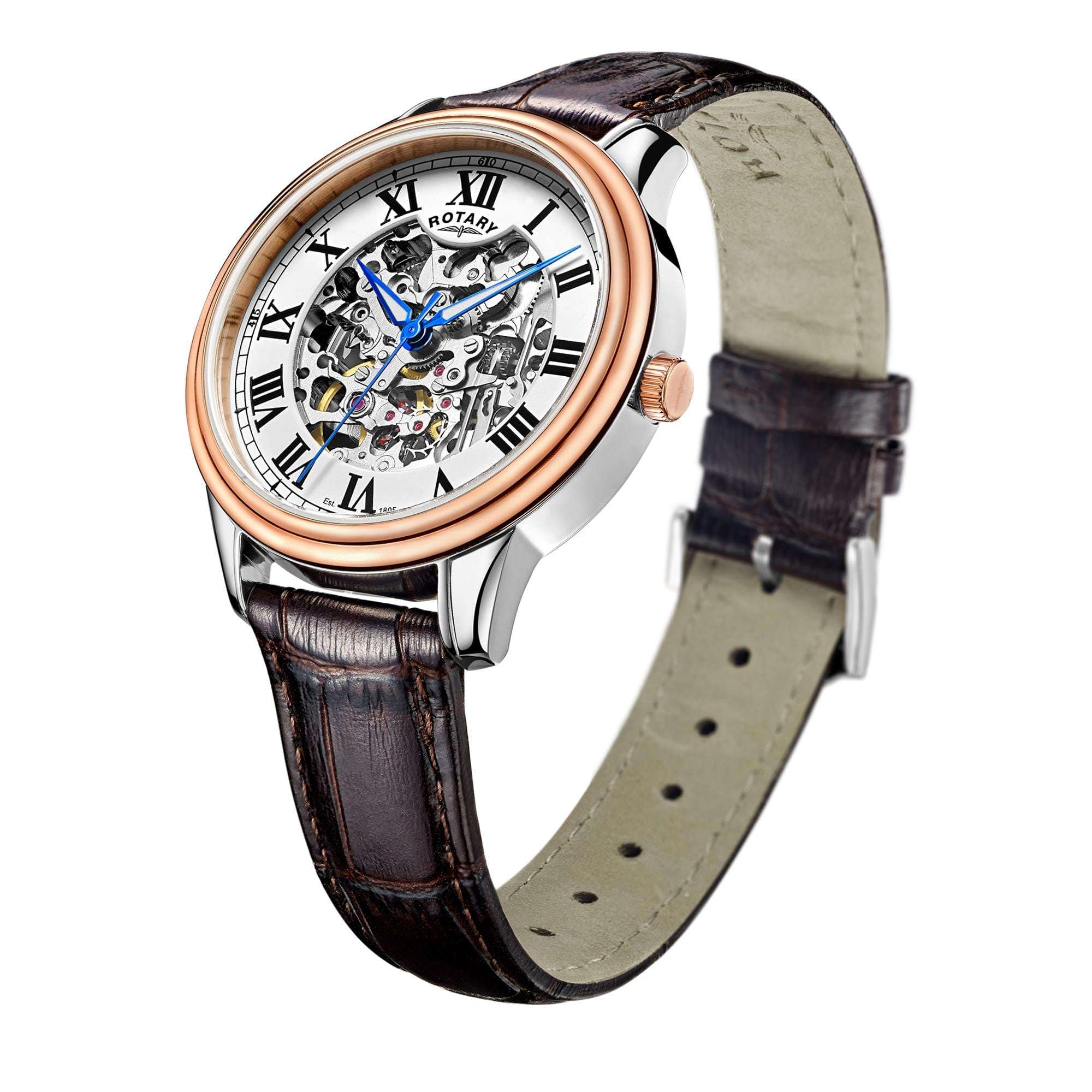 Rotary Skeleton Rose Gold Brown Strap Men’s Watch - WatchNation