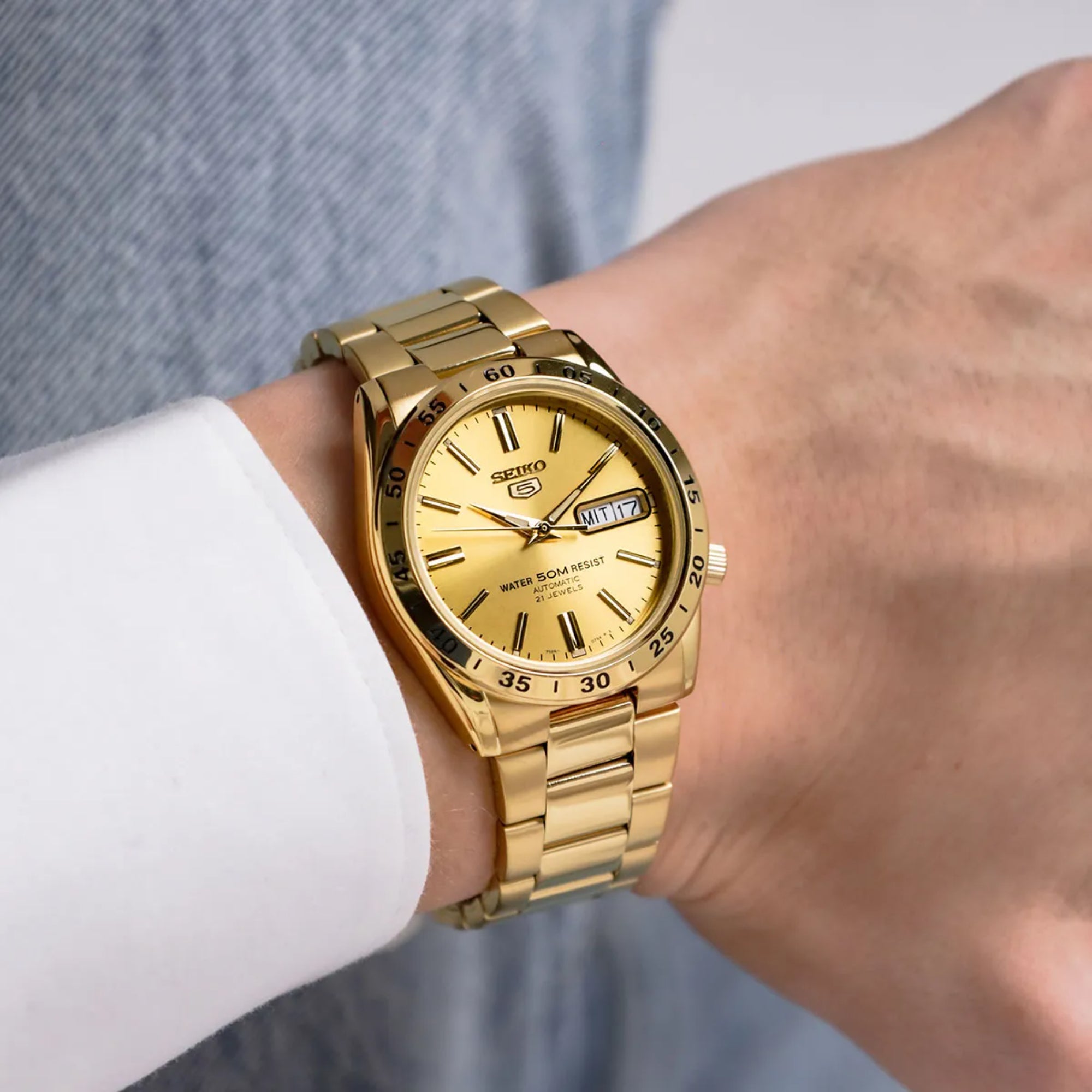 Seiko 5 Automatic Gold Dial Gold PVD Stainless Steel Bracelet Men's Watch SNKE06K1