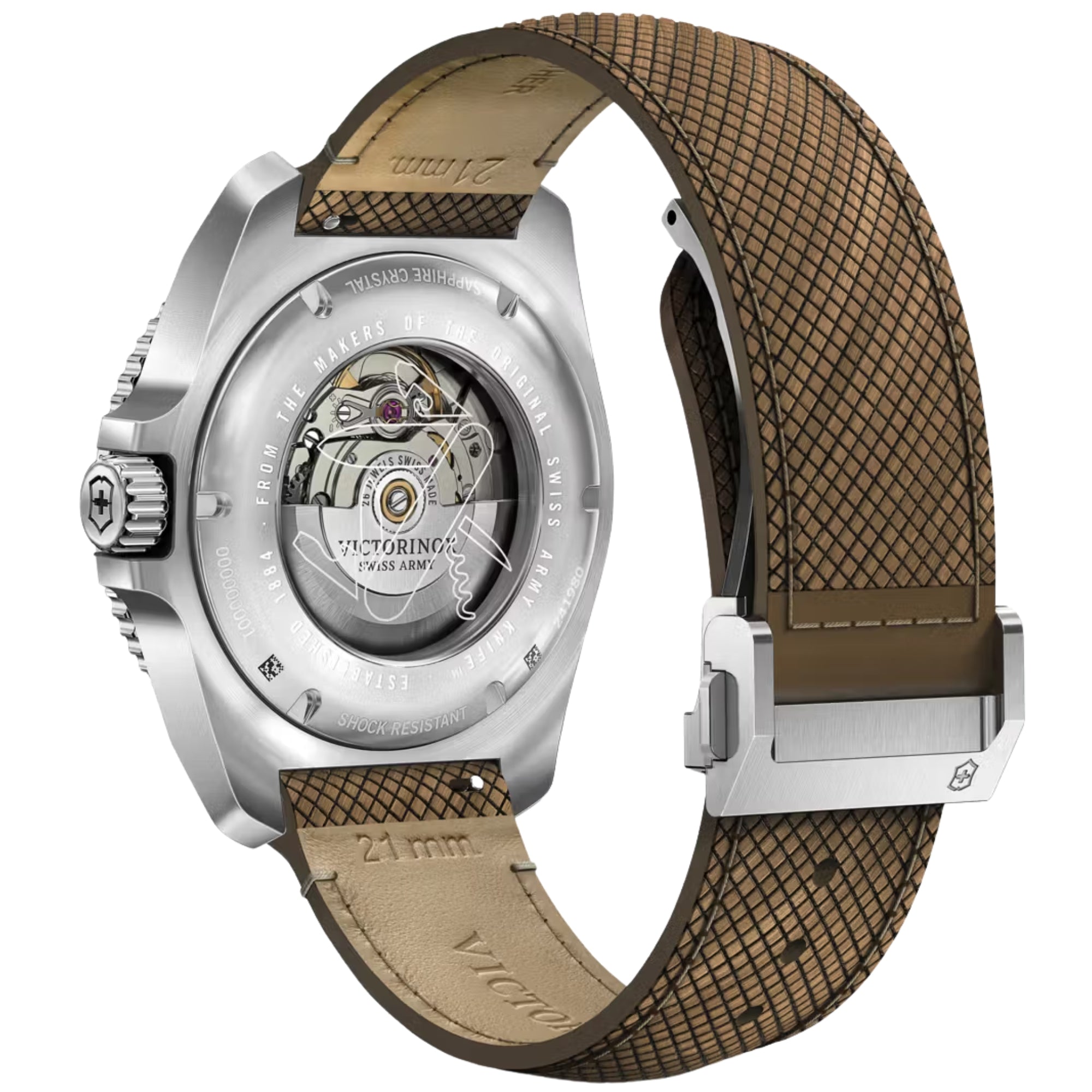 The back of a Victorinox watch, showcasing its exhibition caseback with visible automatic movement and a curved, textured brown strap