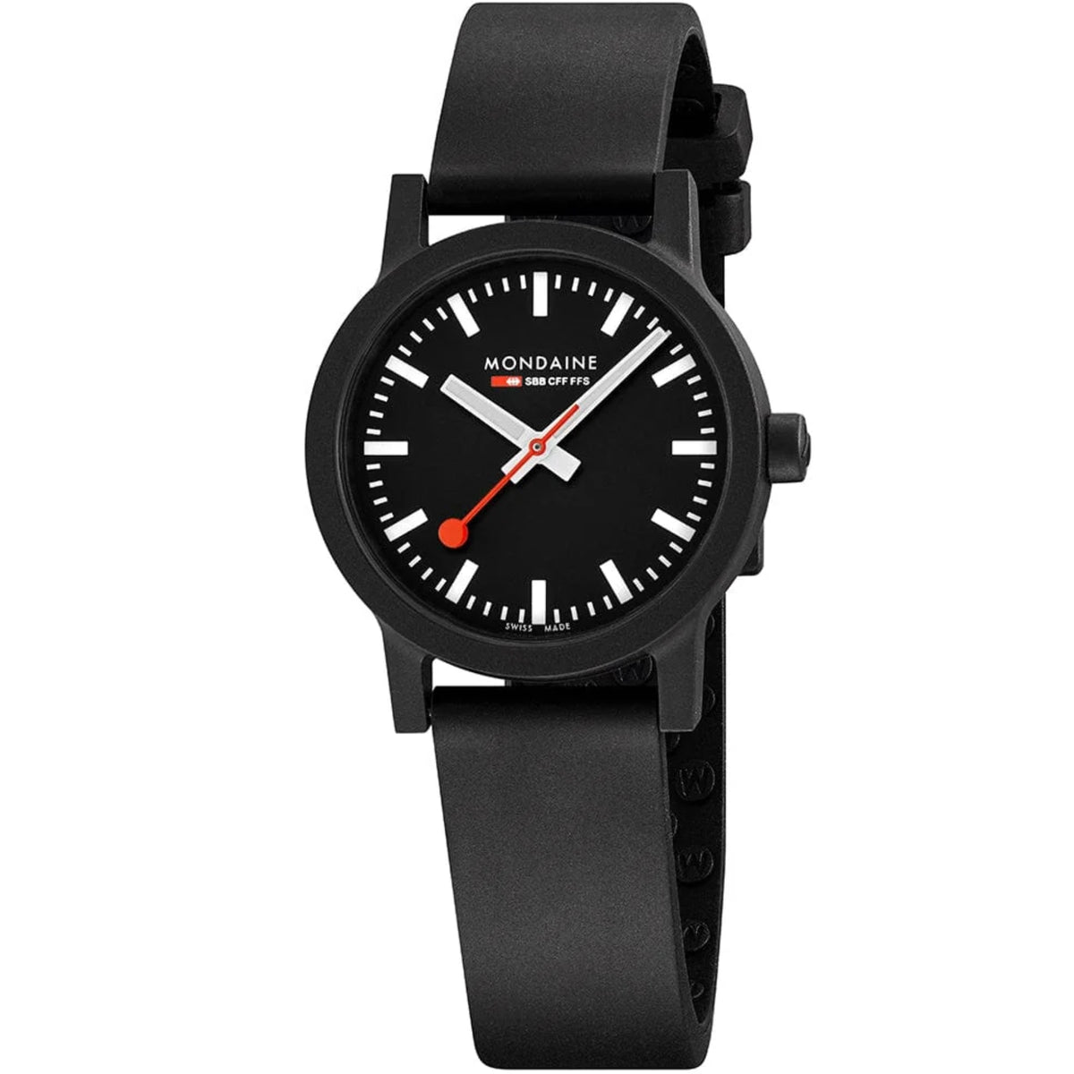 Mondaine Essence MS1.32120.RB front view showing black dial face with rubber strap